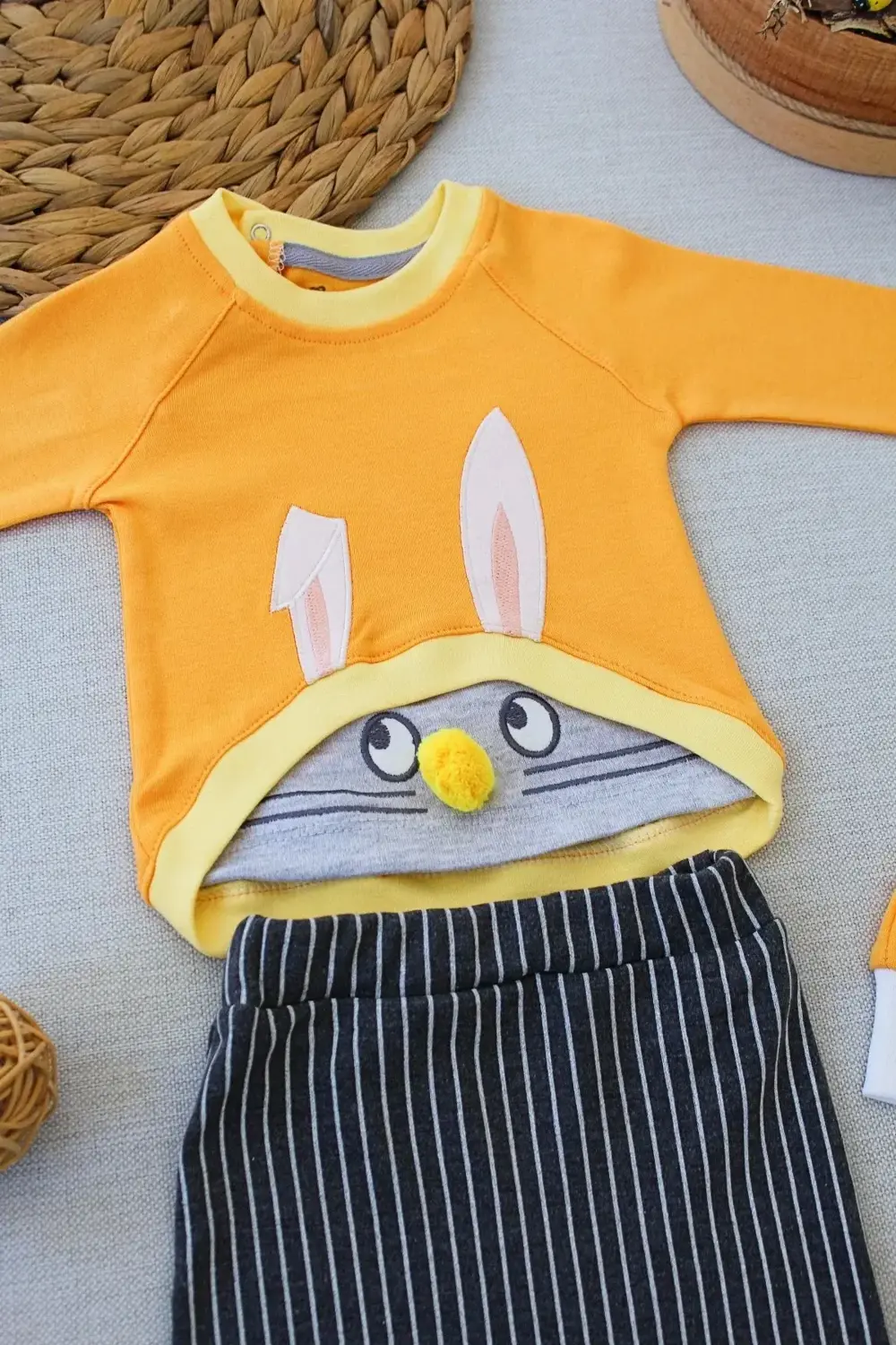 3-6 6-9 9-12 Ay Şımarık Tavşan Nakışlı Şapkalı Uzun Kollu Sweat 3