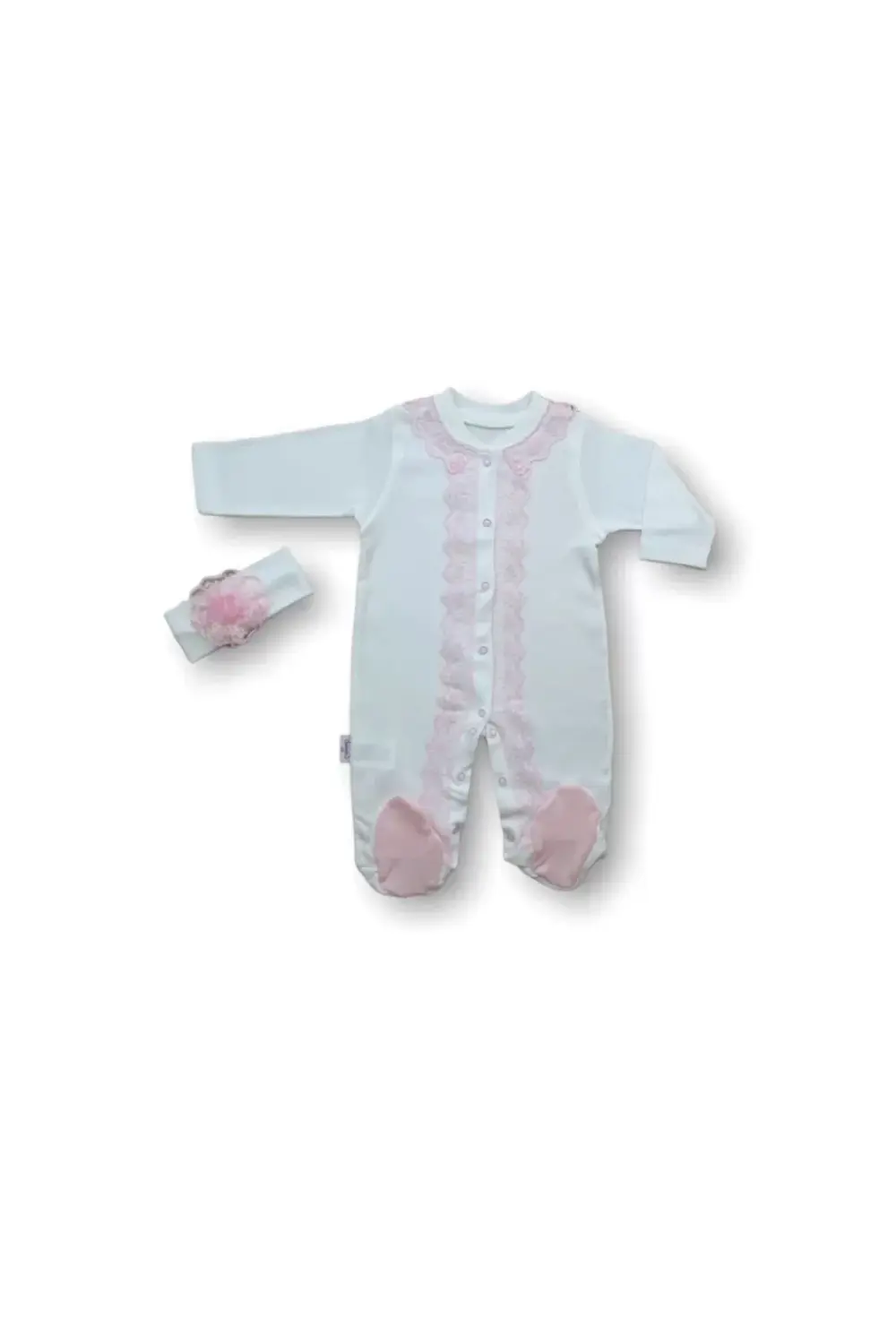 3-6 6-9 Ay Dantelli Boydan Çıtçıtlı Bandanalı Patikli Uzun Kollu