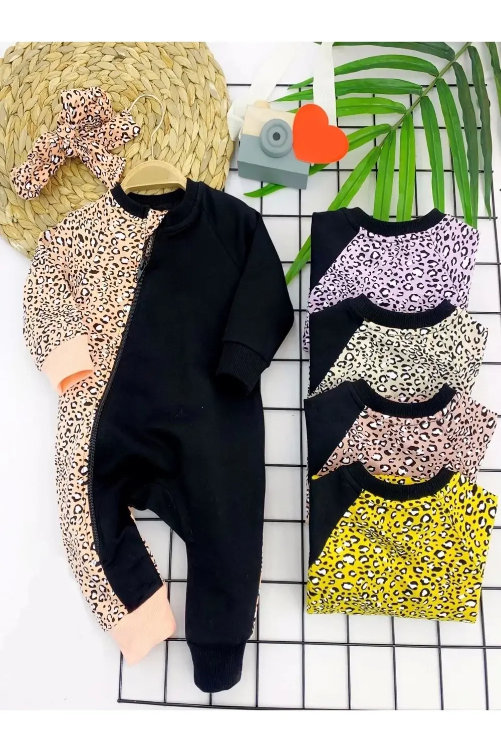 3-6-9-12 Ay Bandanalı Leopar Desenlı Fermuar Kapama Kız Bebek Tul