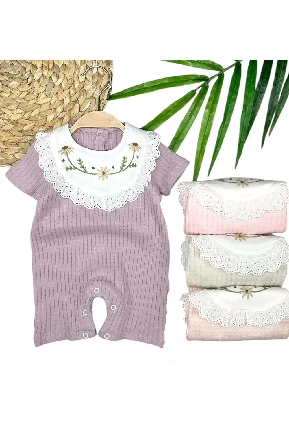 3-6-9-12 Ay Bebe Yaka Çiçek Nakışlı Pamuklu Petek Penye Yazlık Kı