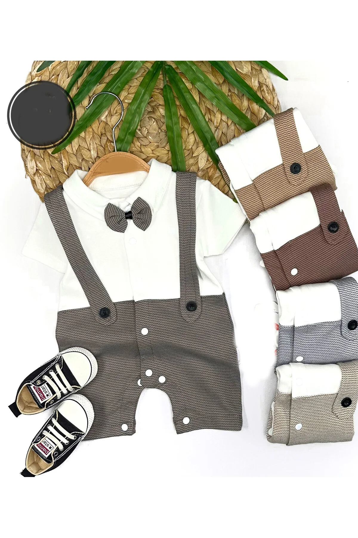 3-6-9-12 Ay Papyon Detaylı Çizgili Salopet Görünümlü Erkek Bebek 