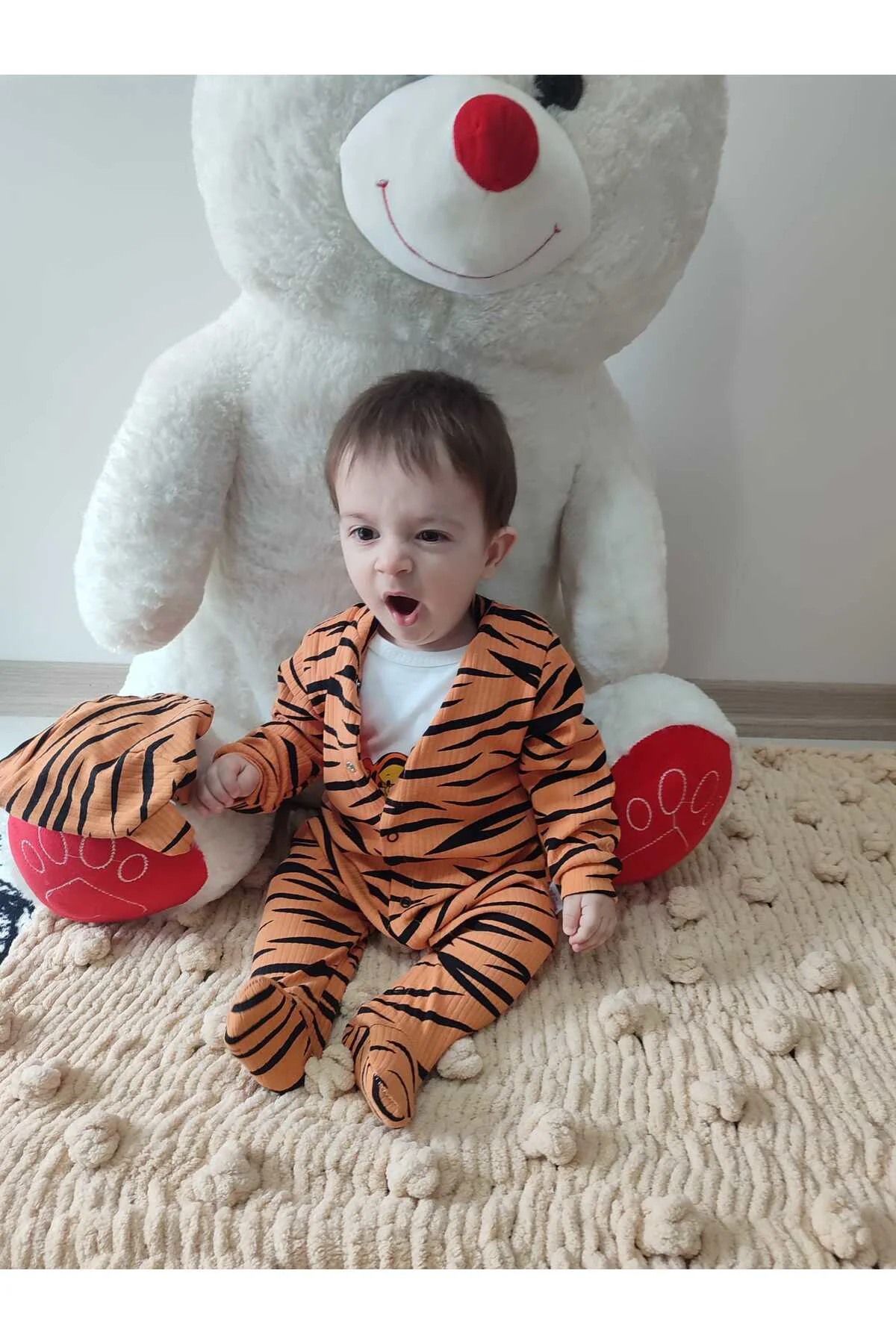 3-6-9-12 Ay Pooh Desenli Zebra Çizgili Şapkalı Sweatli 3lü Kız Er