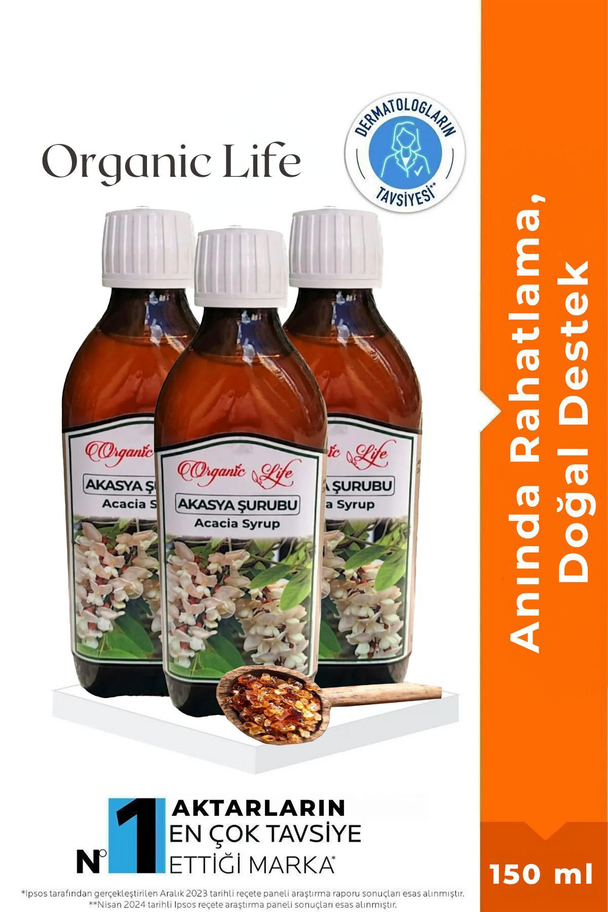 Organic Life 3 Adet Acacia Akasya Gamı Şurubu 150 Ml Acacia Syrup Bitki Özleri