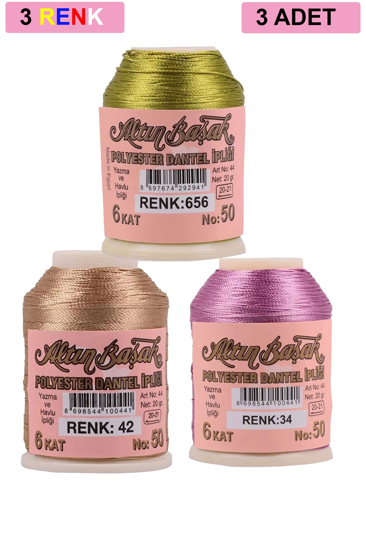 3 Adet Altınbaşak Oya ve Dantel İpi 20 gr - No: 042 - 034 - 656