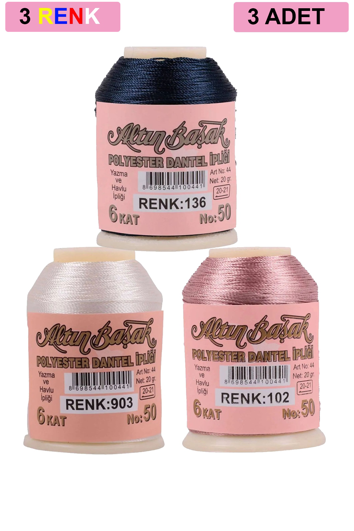 3 Adet Altınbaşak Oya ve Dantel İpi 20 gr - No: 903 - 102 - 136