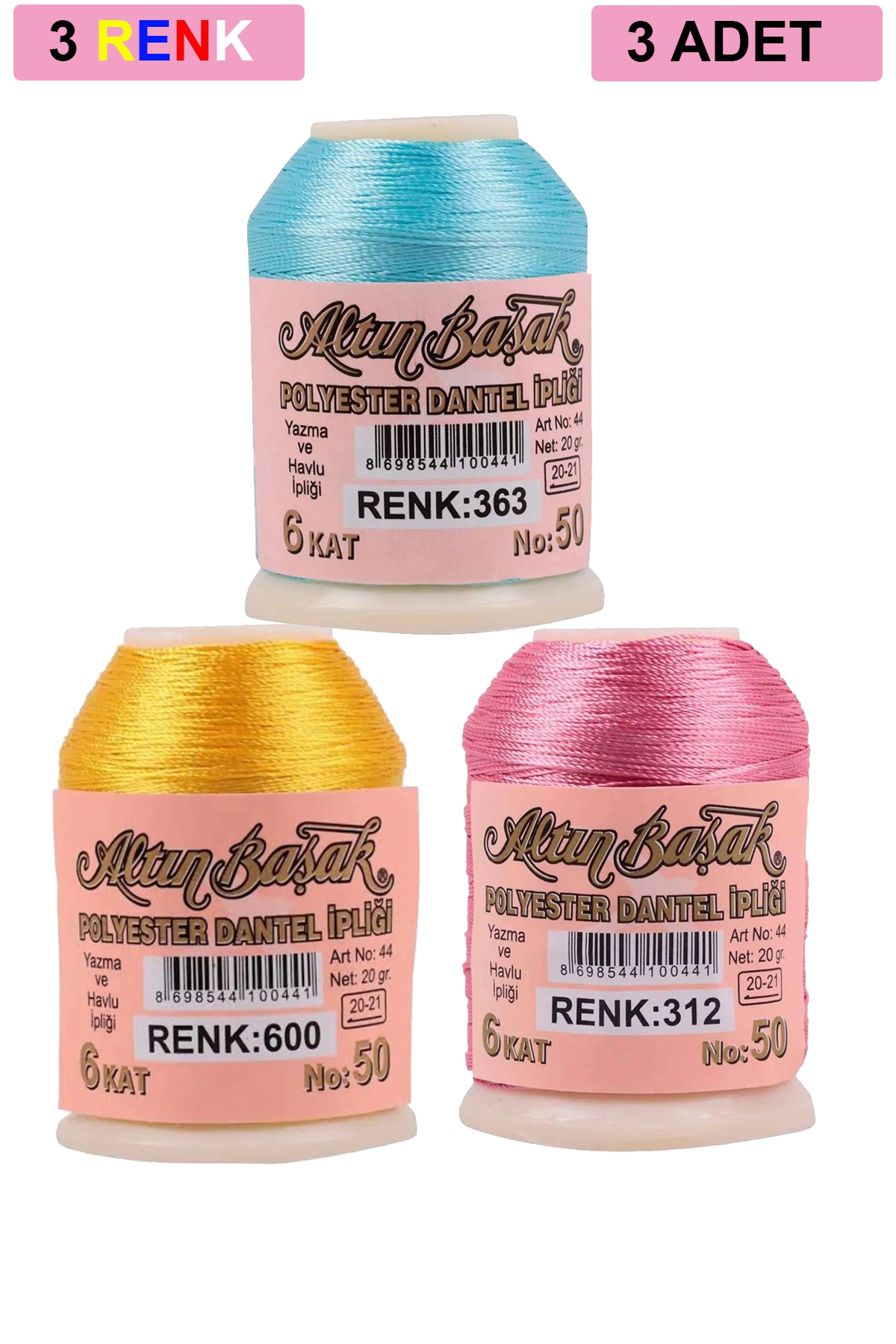 3 Adet Altınbaşak Oya ve Dantel İpi 20 gr - No: 600 - 312 - 363