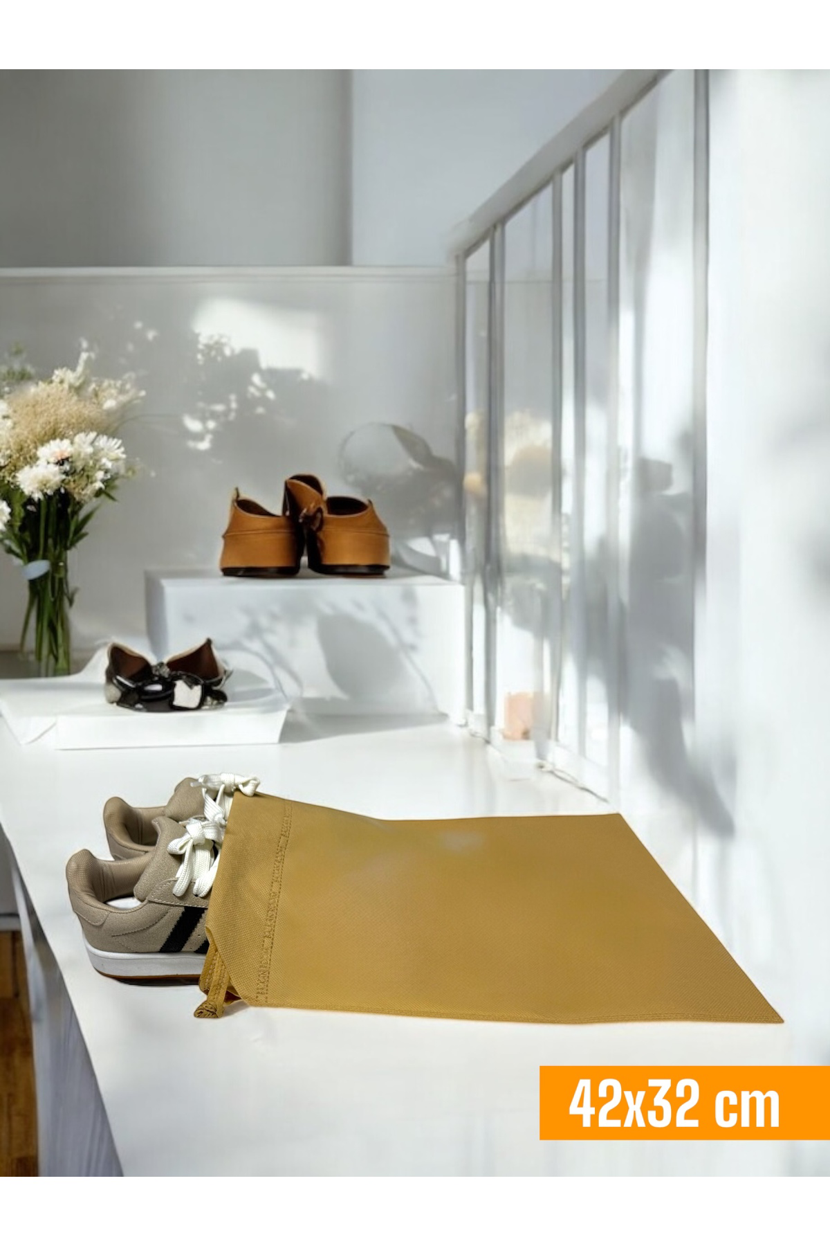 3 Adet Bej Büzgülü Ayakkabı Saklama Çantası Seyahat Hurcu Çok Ama