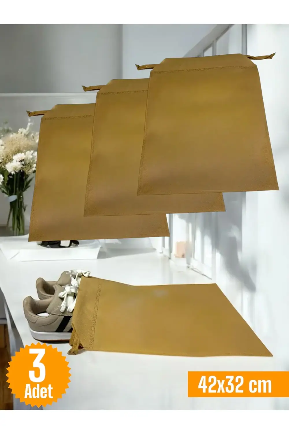 3 Adet Bej Büzgülü Ayakkabı Saklama Çantası Seyahat Hurcu Çok Ama