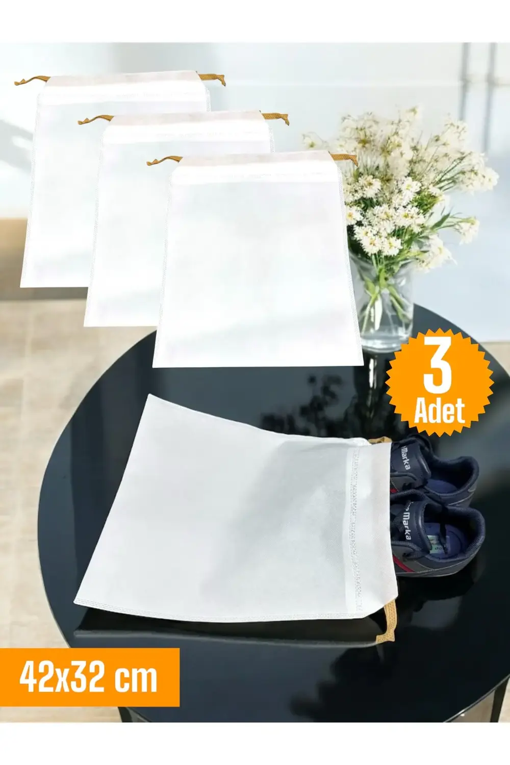 3 Adet Beyaz Büzgülü Ayakkabı Saklama Çantası Çok Amaçlı Dolap Çe