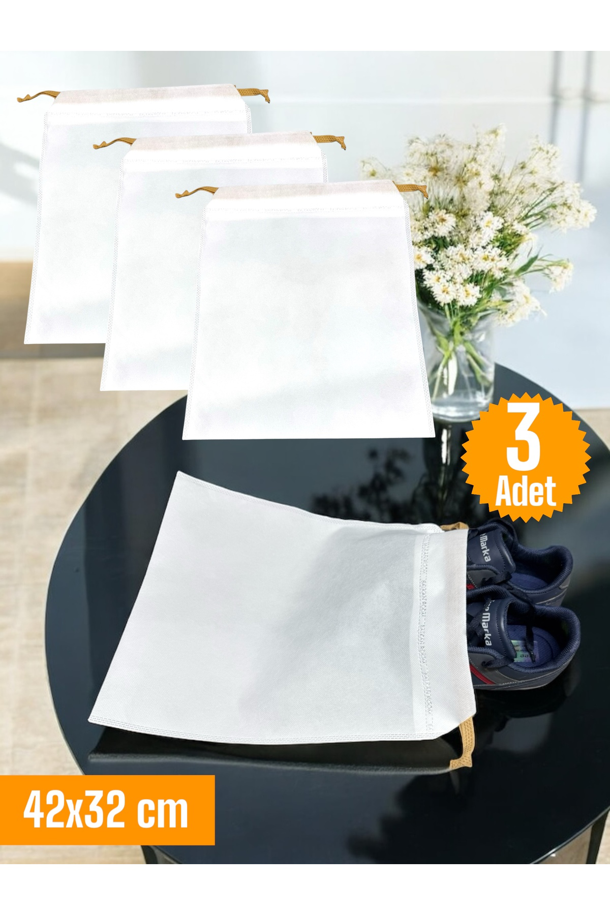 3 Adet Beyaz Büzgülü Ayakkabı Saklama Çantası Çok Amaçlı Dolap Çe