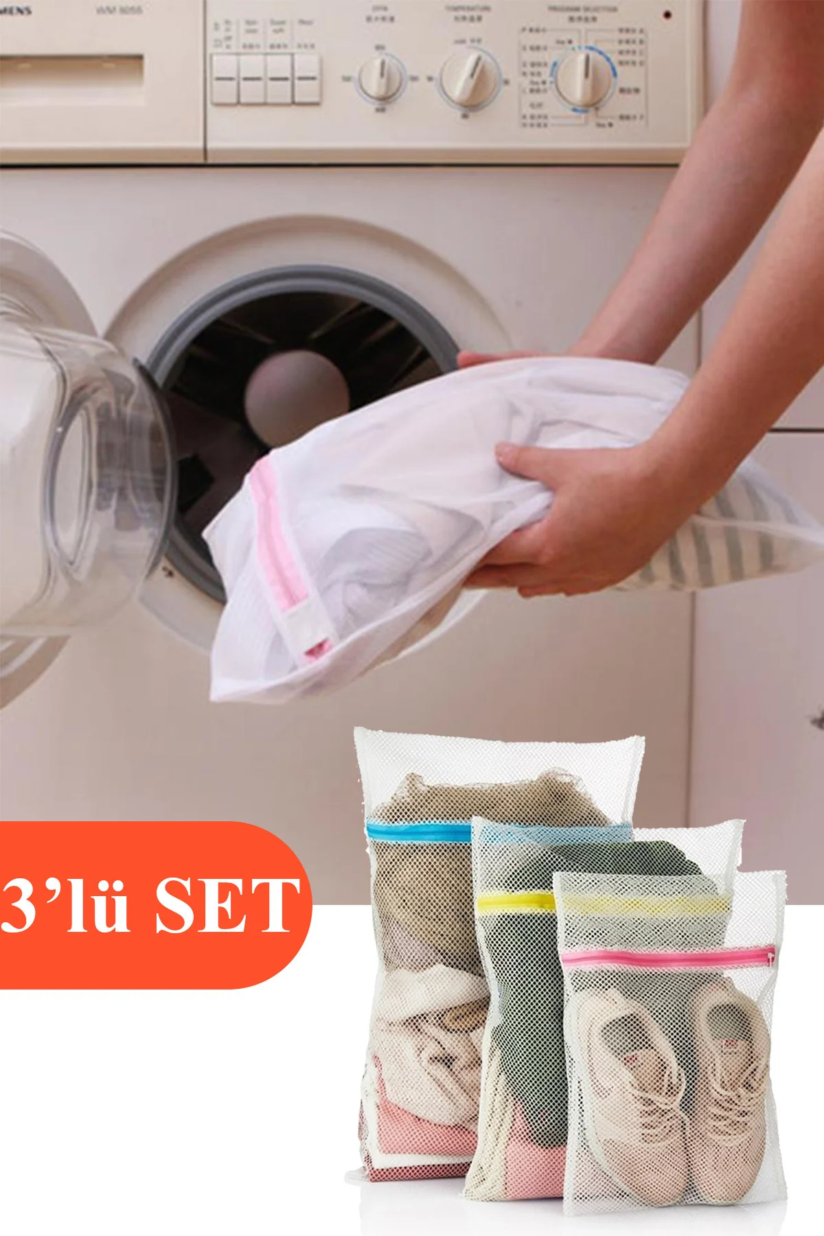 3 Adet Çamaşır Yıkama Filesi Seti Renkli Fermuarlı