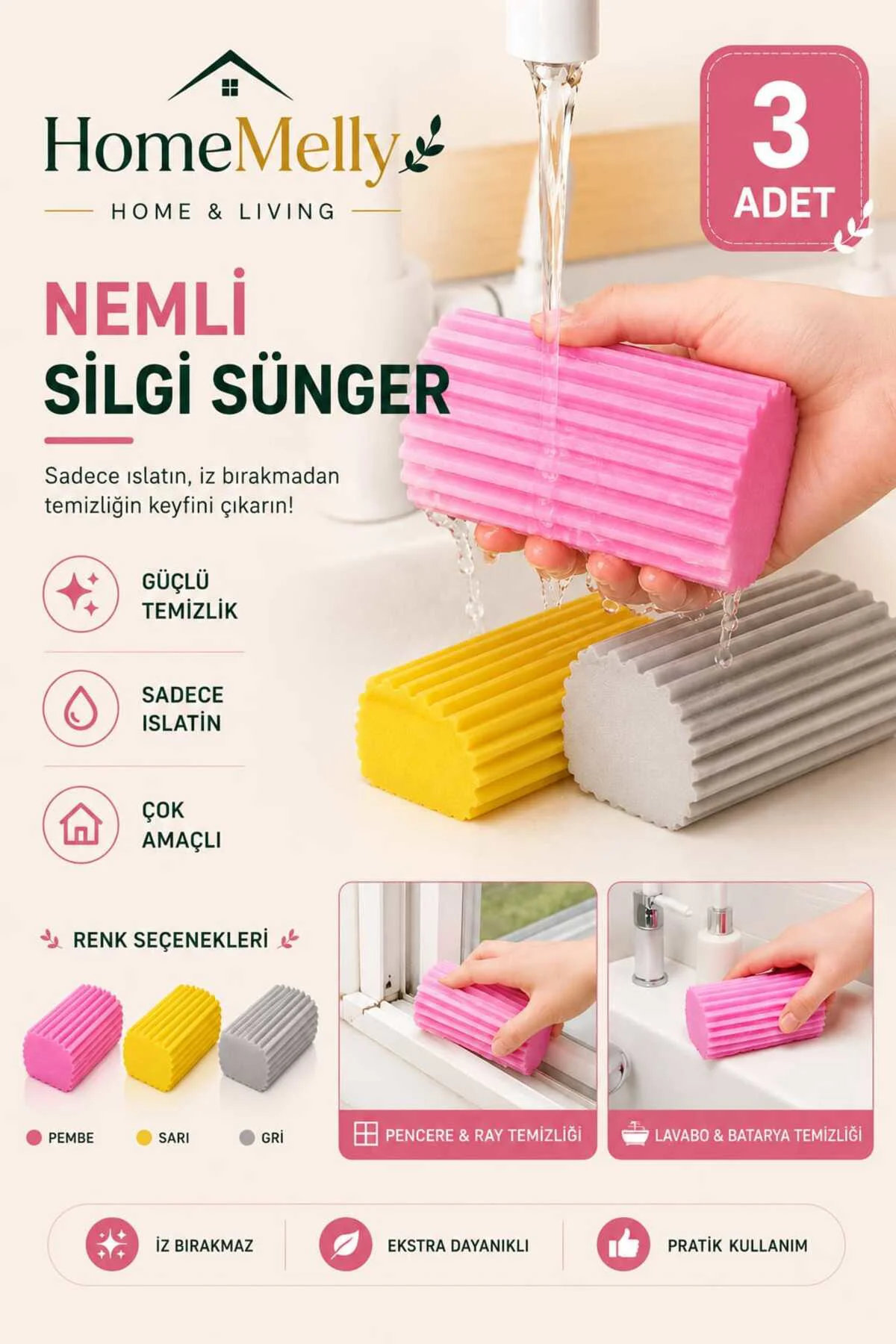 3 Adet Çok Amaçlı Nemli Silgi Sünger Sihirli Temizlik Süngeri Toz Emici Sihirli Sünger