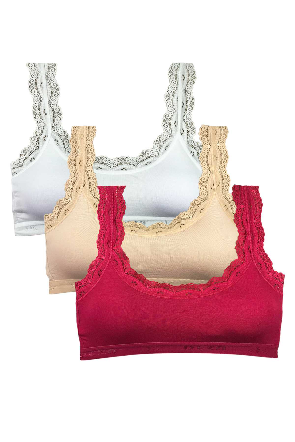Just Cheap Store 3 Adet Dantel Nakiş İşlemeli Pedli Bambu Kadin Büstiyer Beyaz Ten