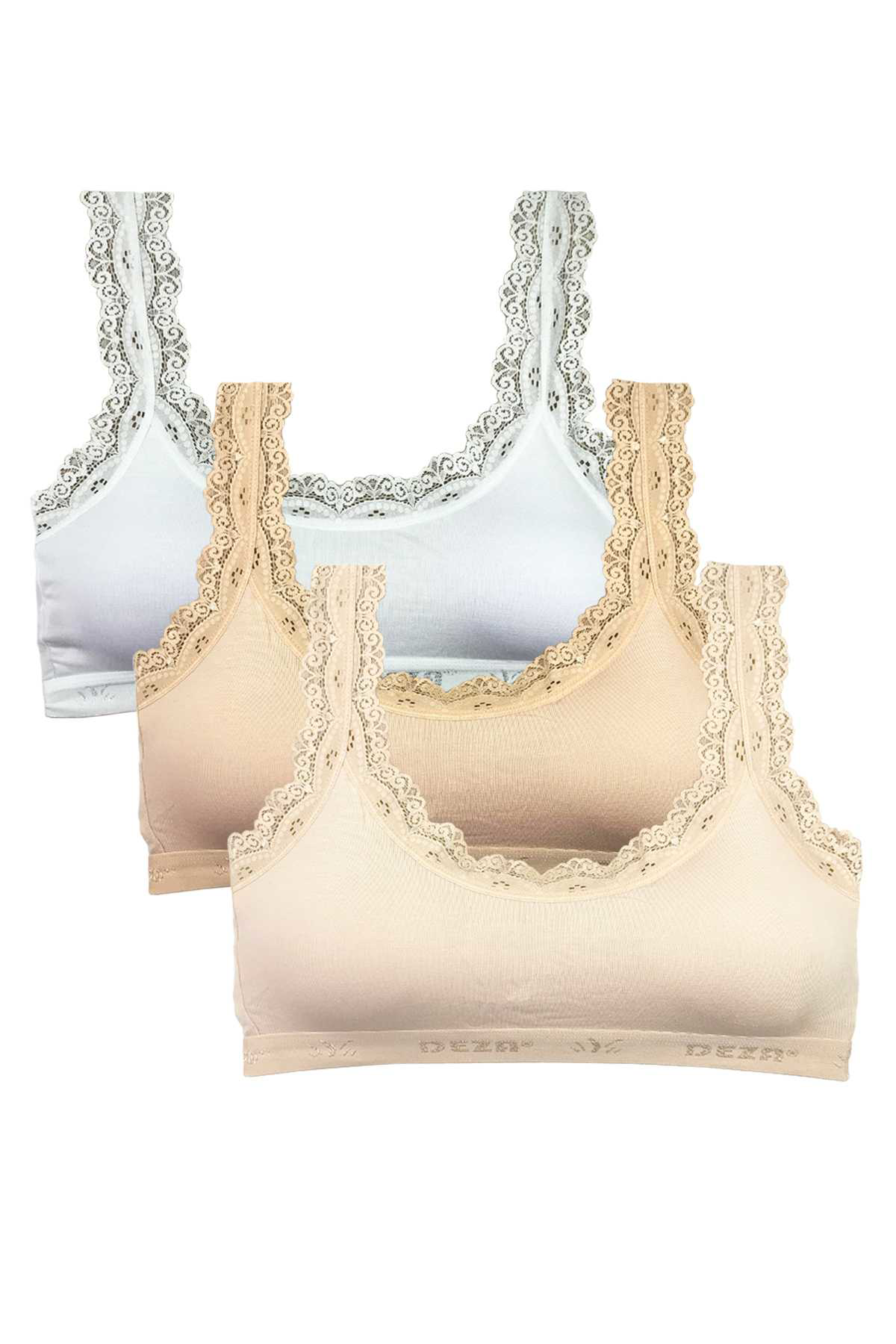 Just Cheap Store 3 Adet Dantel Nakiş İşlemeli Pedli Bambu Kadin Büstiyer Beyaz Ten