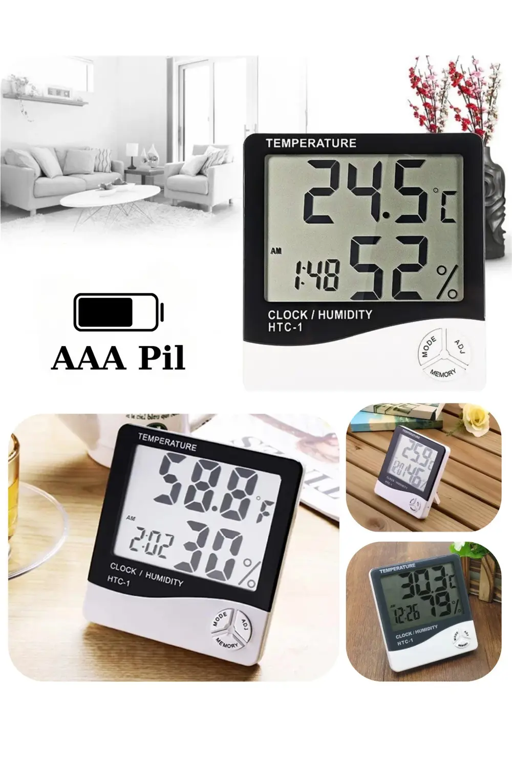 3 Adet Dijital Termometre Sıcaklık Ve Nem Ölçer Masa Saati Alarm