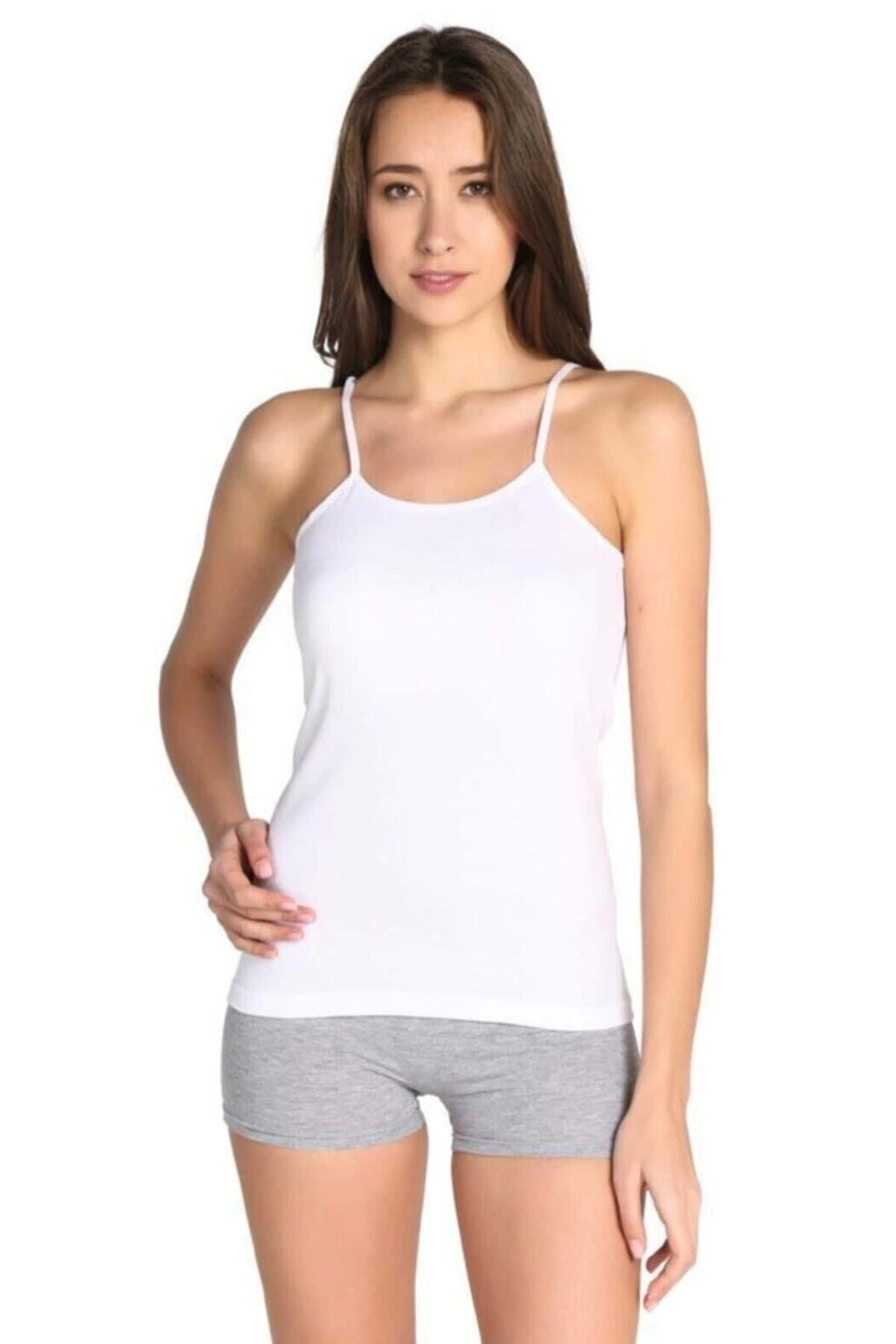 3 Adet Kadın Beyaz Pamuklu Ribana Ip Askılı Atlet // 3 Adet