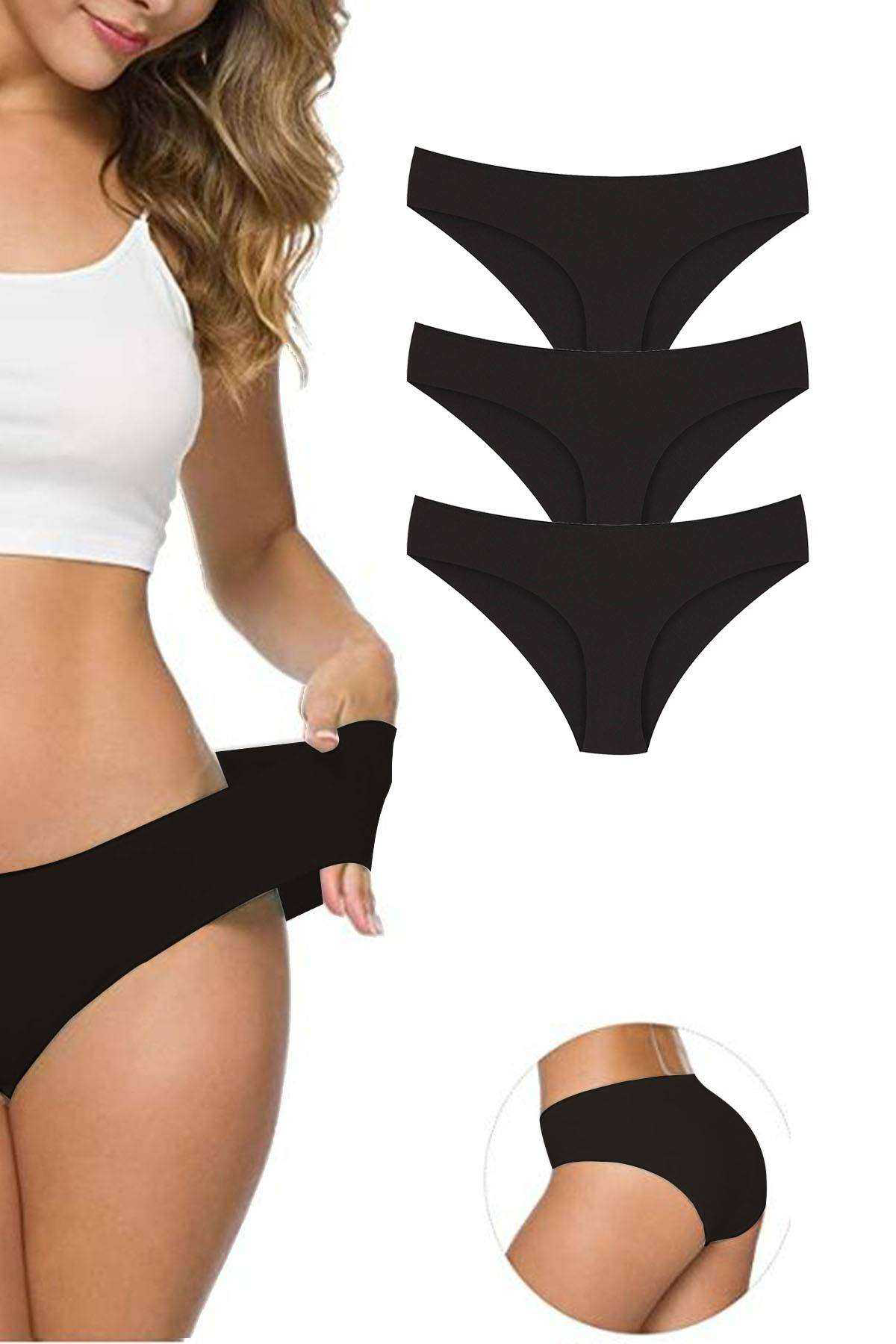 Just Cheap Store 3 Adet Kadin Dikişsiz Lazer Kesim Esnek İz Yapmayan Külot Siyah