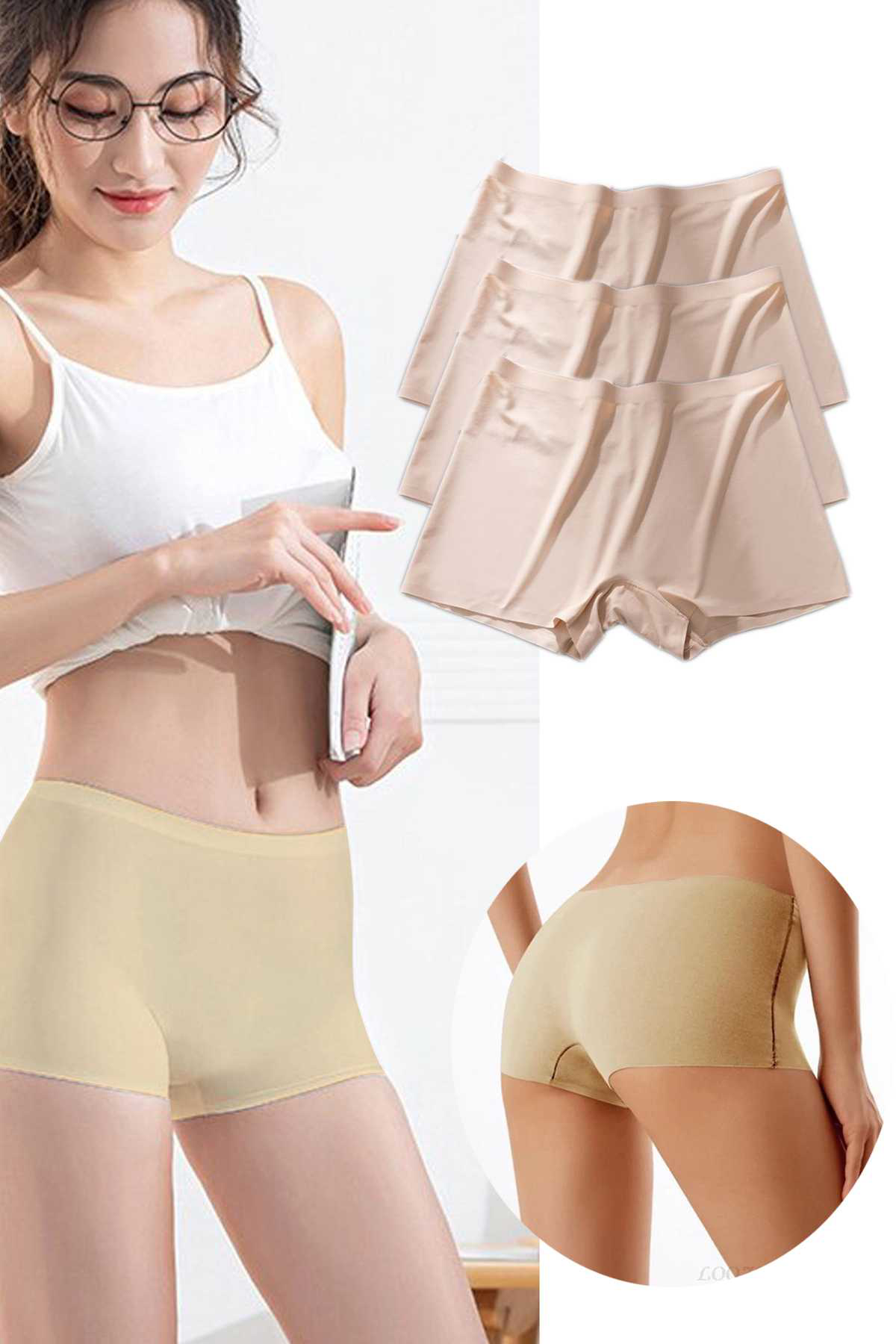 Just Cheap Store 3 Adet Kadin Dikişsiz Görünmez İz Yapmaz Mini Şort Boxer Ten