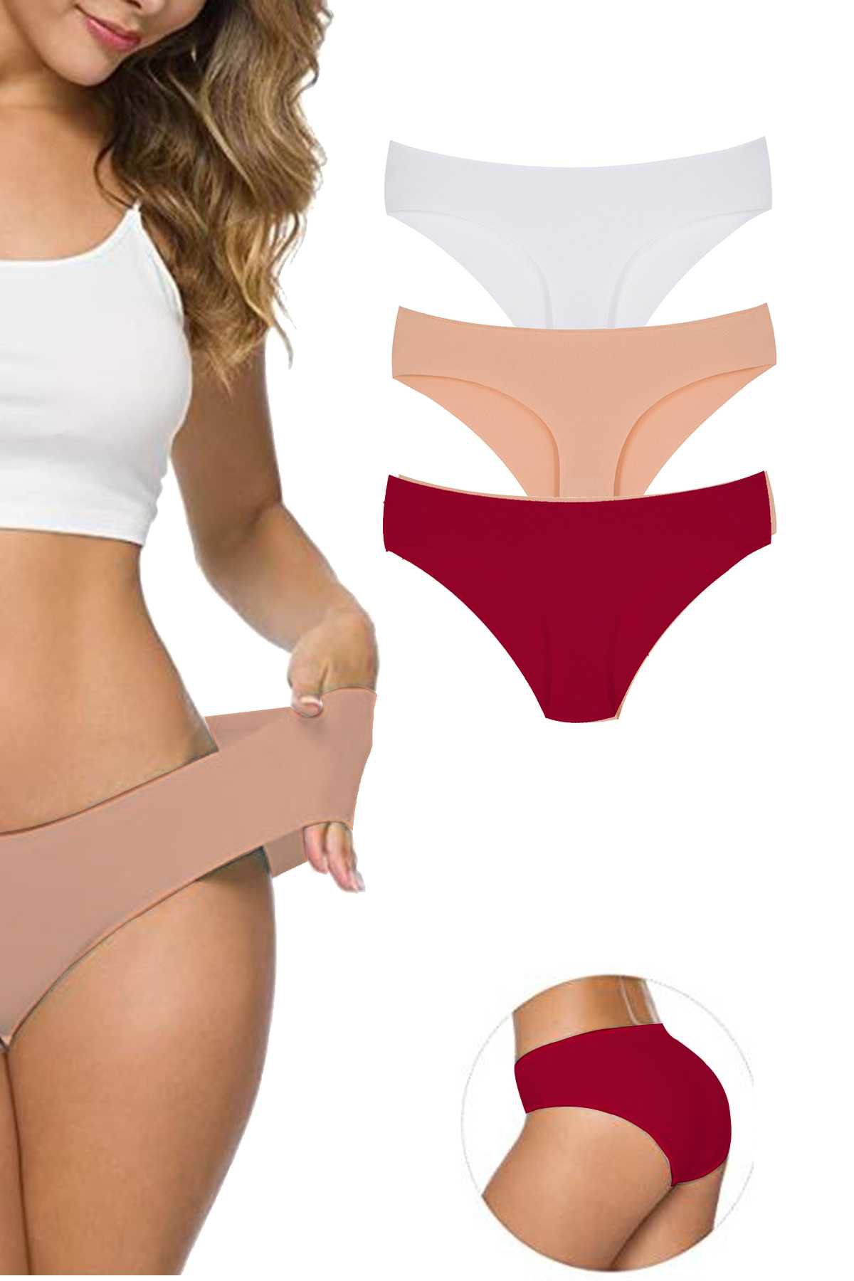 Just Cheap Store 3 Adet Kadın Dikişsiz Lazer Kesim Esnek İz Yapmayan Külot S7