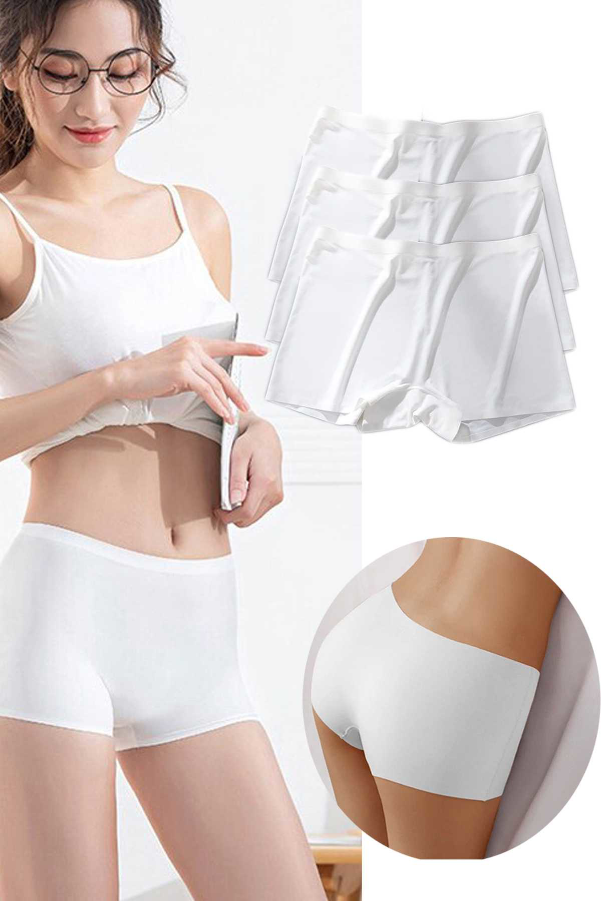 Just Cheap Store 3 Adet Kadin Dikişsiz Görünmez İz Yapmaz Mini Şort Boxer Beyaz