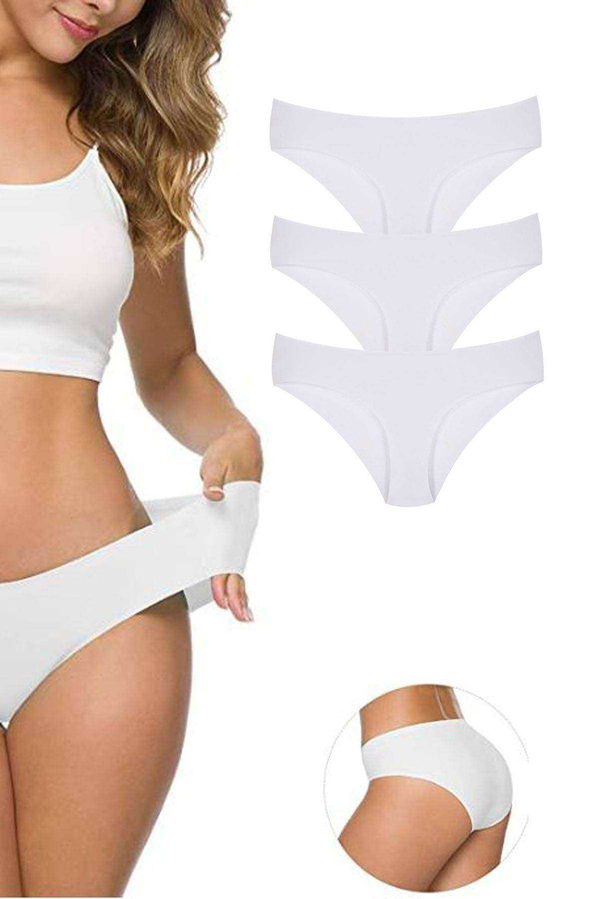 Just Cheap Store 3 Adet Kadin Dikişsiz Lazer Kesim Esnek İz Yapmayan Külot Beyaz