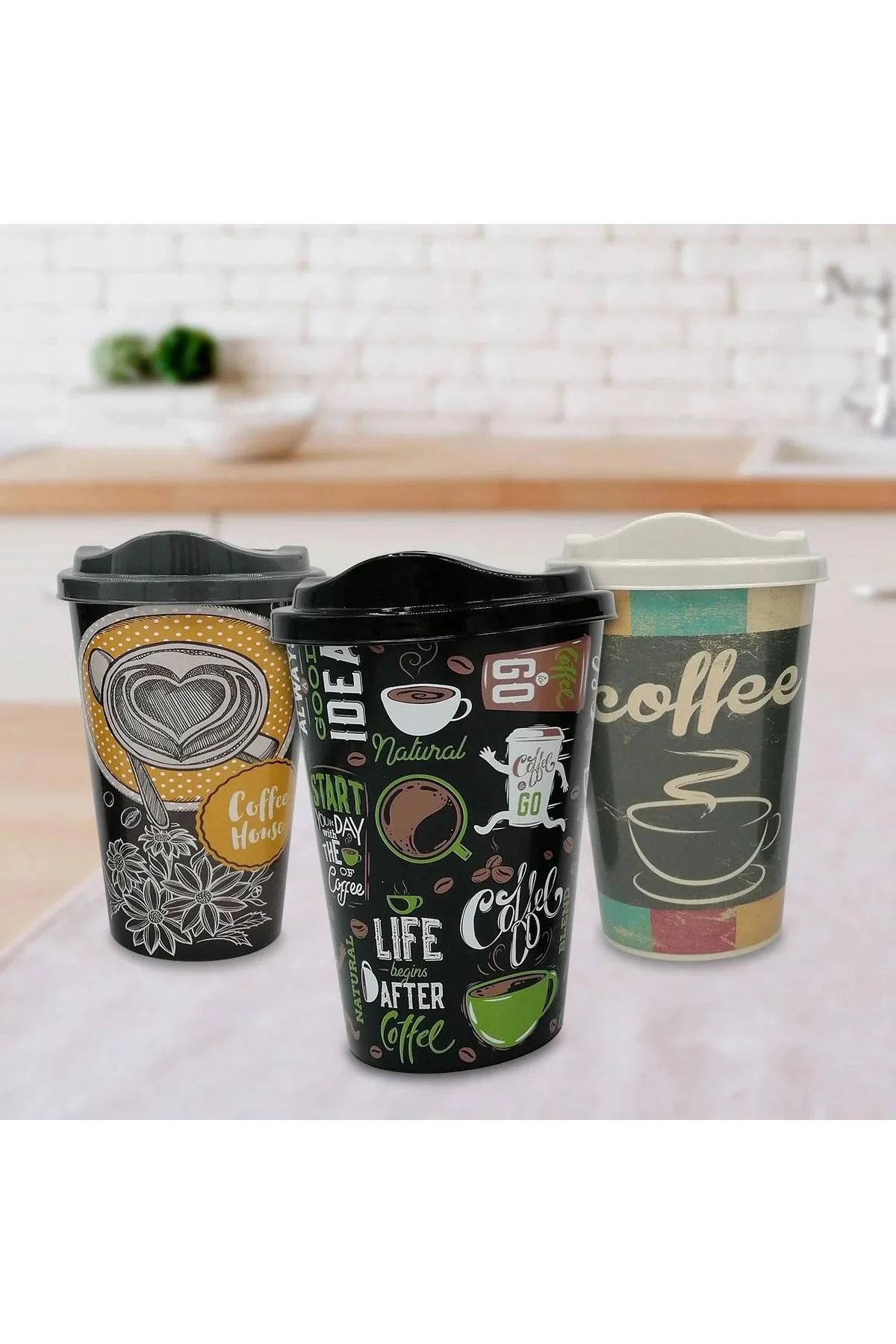 3 Adet Kahve Bardağı Seti Dekoratif Plastik Kahve Muhafaza Bardağı