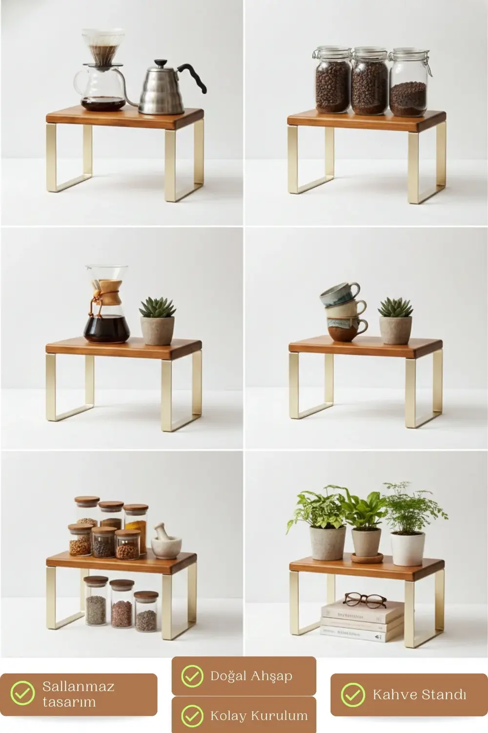 3 Adet Lüks Doğal Ahşap Dolap İçi Tezgah Üstü Düzenleyici Raf Met