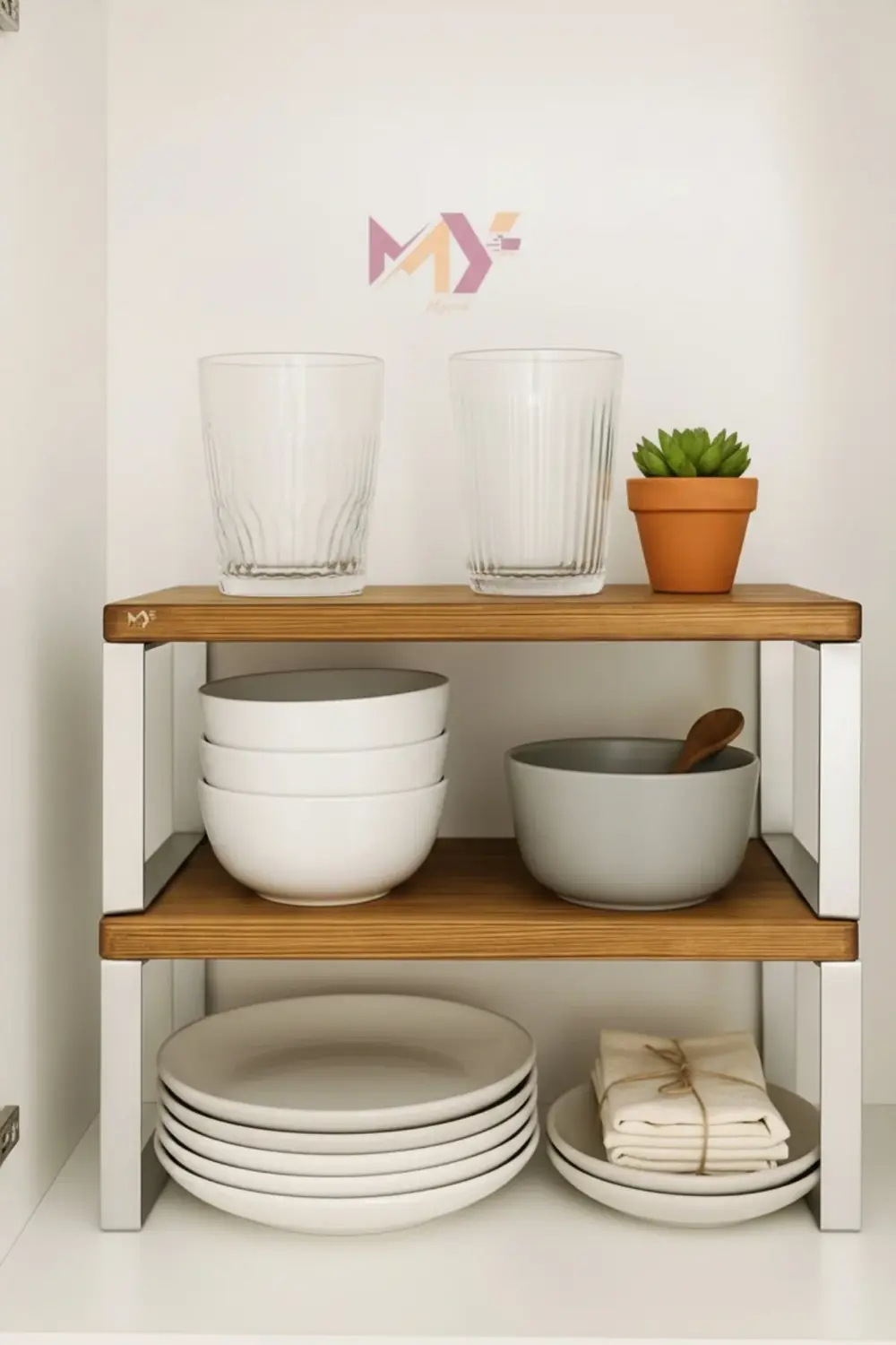 3 Adet Lüks Doğal Ahşap Dolap İçi Tezgah Üstü Düzenleyici Raf Met