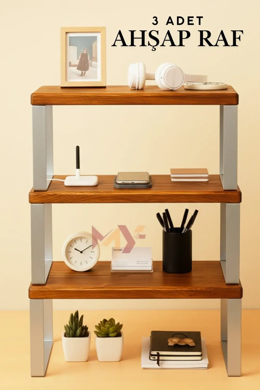 3 Adet Lüks Doğal Ahşap Dolap İçi Tezgah Üstü Düzenleyici Raf Met