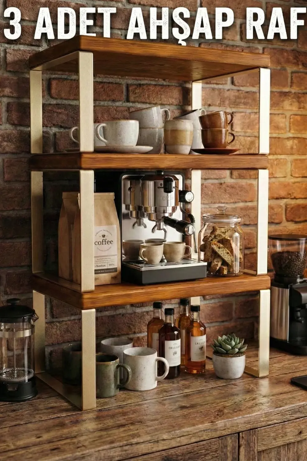 3 Adet Lüks Doğal Ahşap Dolap İçi Tezgah Üstü Düzenleyici Raf Met