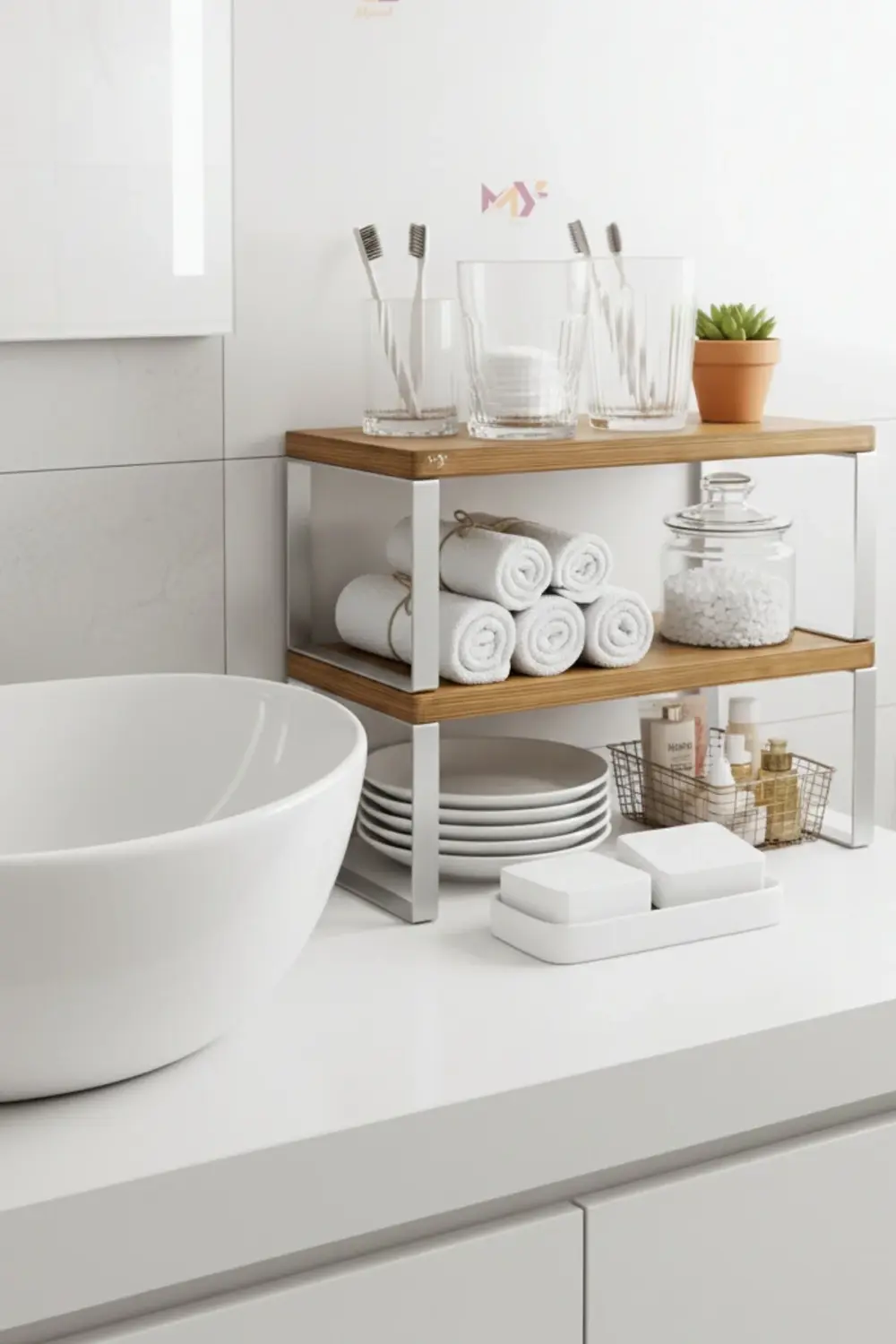 3 Adet Lüks Doğal Ahşap Dolap İçi Tezgah Üstü Düzenleyici Raf Met