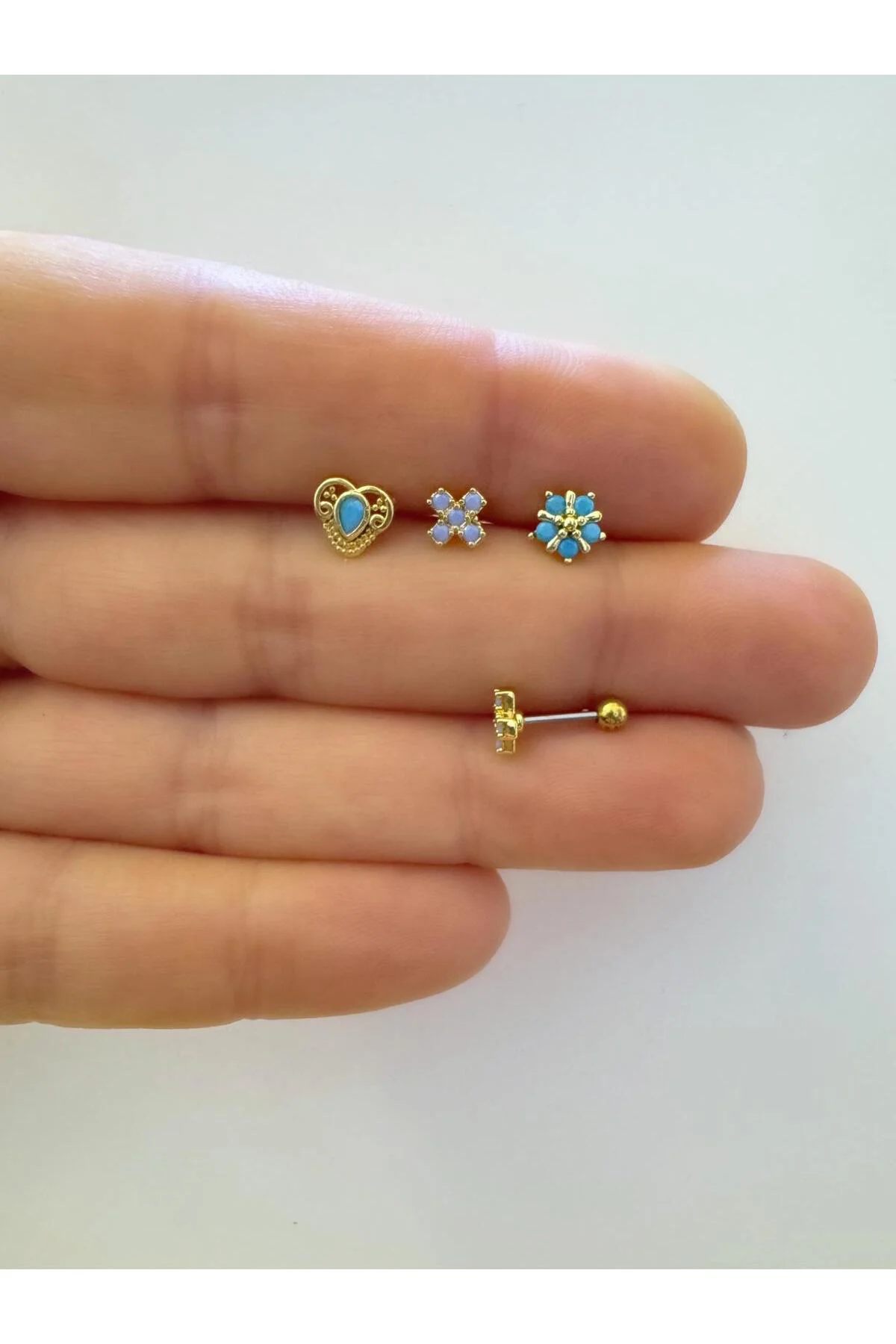 3 ADET MAVİ ZİRKON TAŞLI ÇELİK TRAGUS HELİX LOBE UYUMLU PİERCİNG