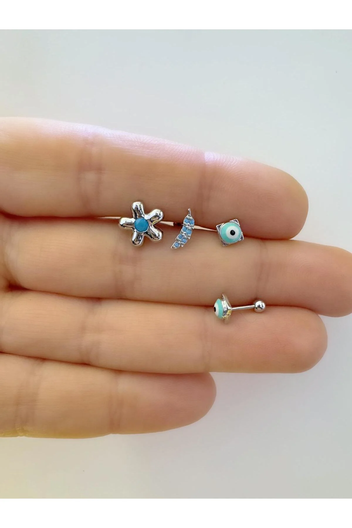 3 ADET MAVİ ZİRKON TAŞLI ÇELİK TRAGUS HELİX LOBE UYUMLU PİERCİNG