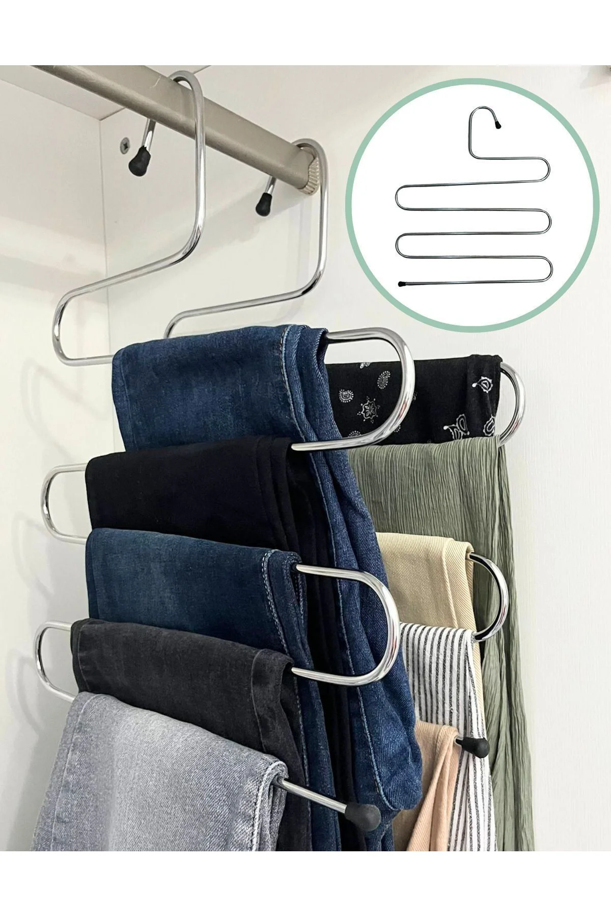 3 Adet Metal Dolap İçi Krom Askı 5 Katlı Paslanmaz Organizer Pantalon Eşarp Etek Askısı