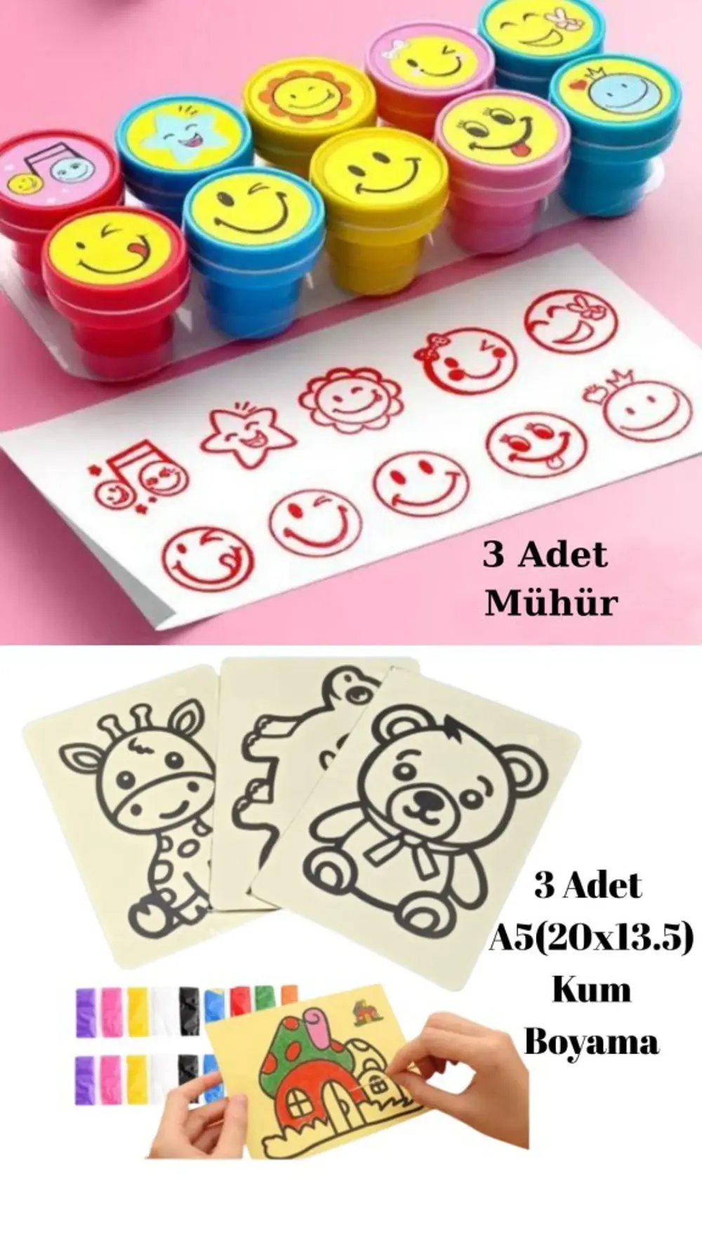 3 Adet Mühür ve 3 Adet A5 Boyutunda (20x13,5 cm) Kum Boyama Seti
