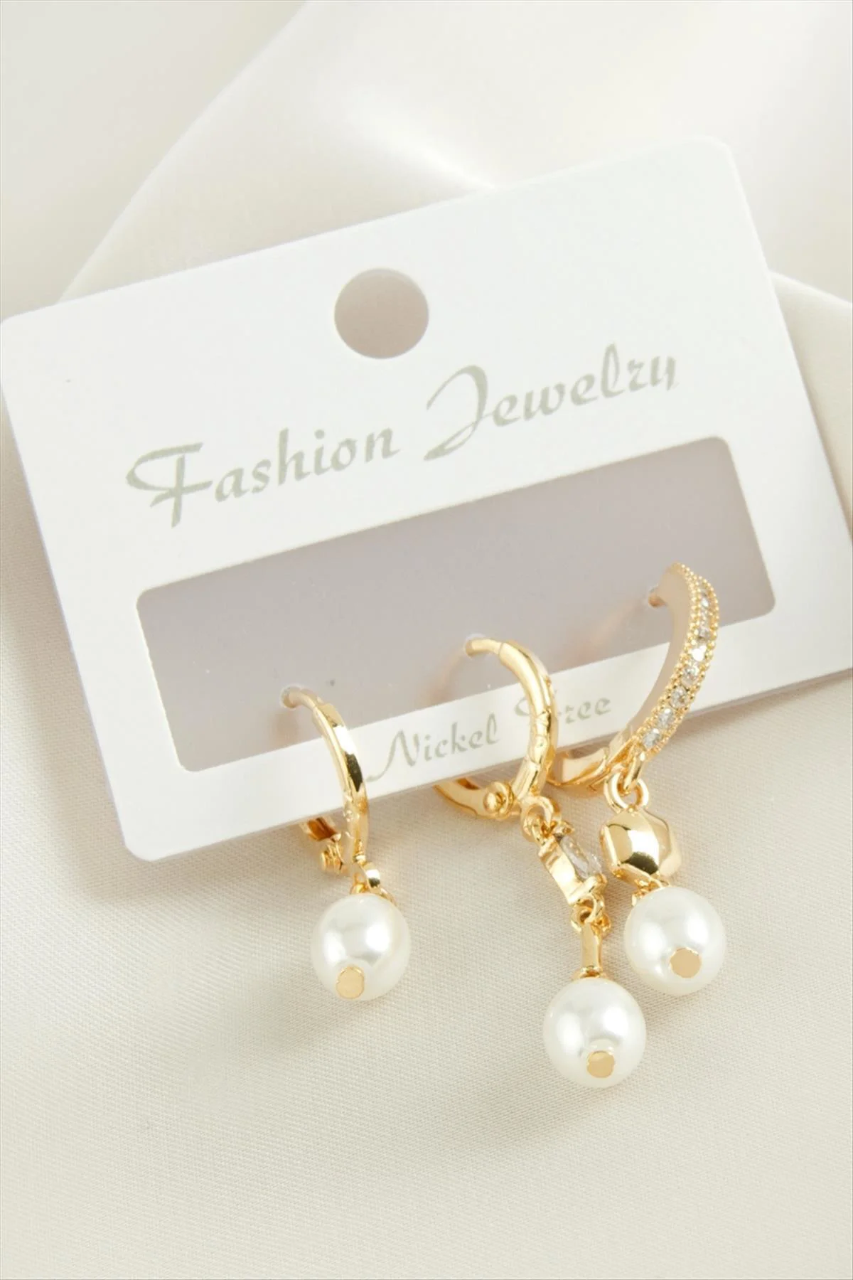 3 Adet Oval İnci Zirkon Taşlı () Küpe-Gümüş Rengi