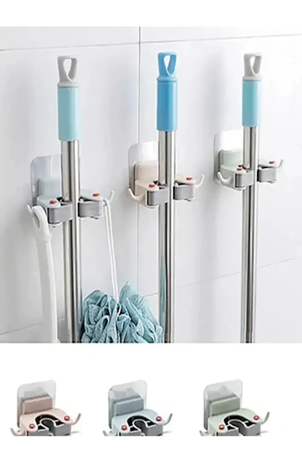 3 Adet Paspas Süpürge Fırça Ve Mop Askısı Sap Tutucu Mutfak Banyo
