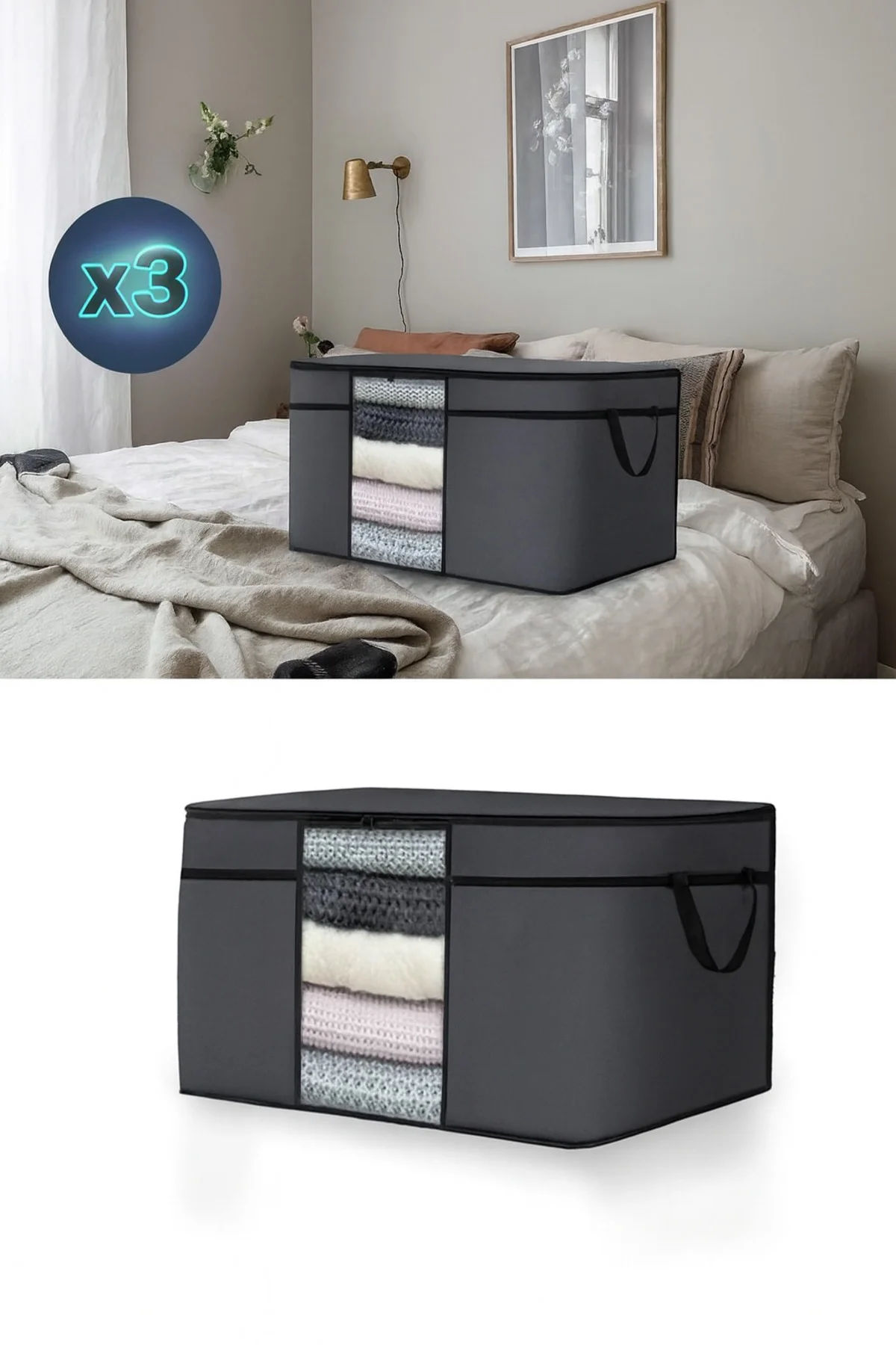 3 Adet Pencereli Yastık Saklama Hurcu - Mega Boy Yorgan Hurç Orga