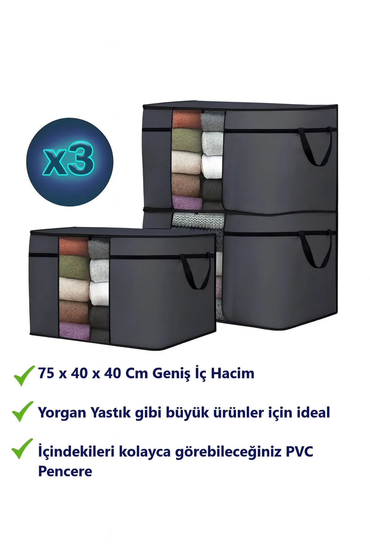 3 Adet Pencereli Yastık Saklama Hurcu - Mega Boy Yorgan Hurç Orga