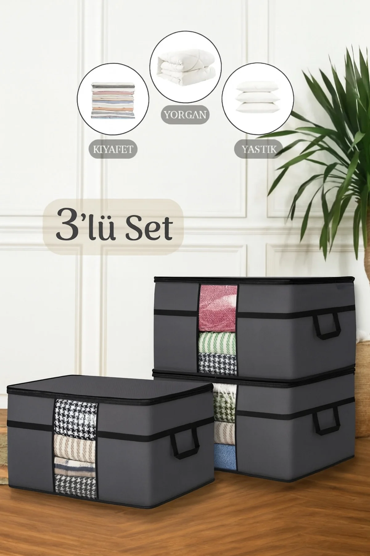 3 Adet Pencereli Yastık Saklama Hurcu - Mega Boy Yorgan Hurç Orga