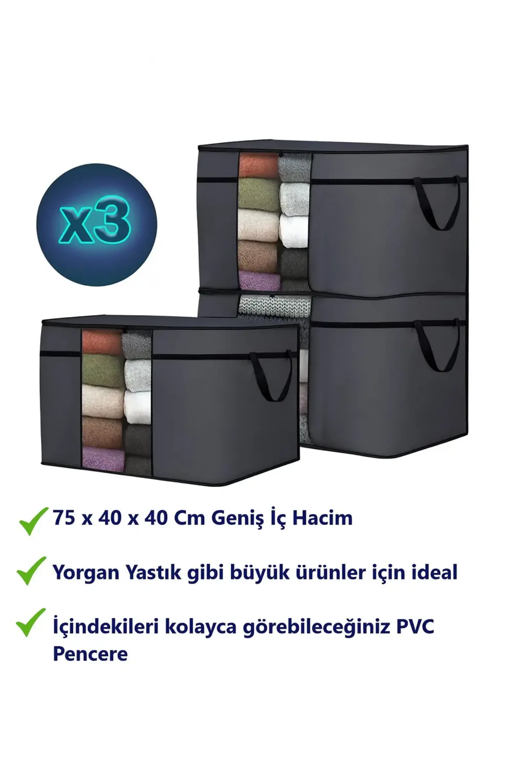 3 Adet Pencereli Yastık Saklama Hurcu - Mega Boy Yorgan Hurç Orga