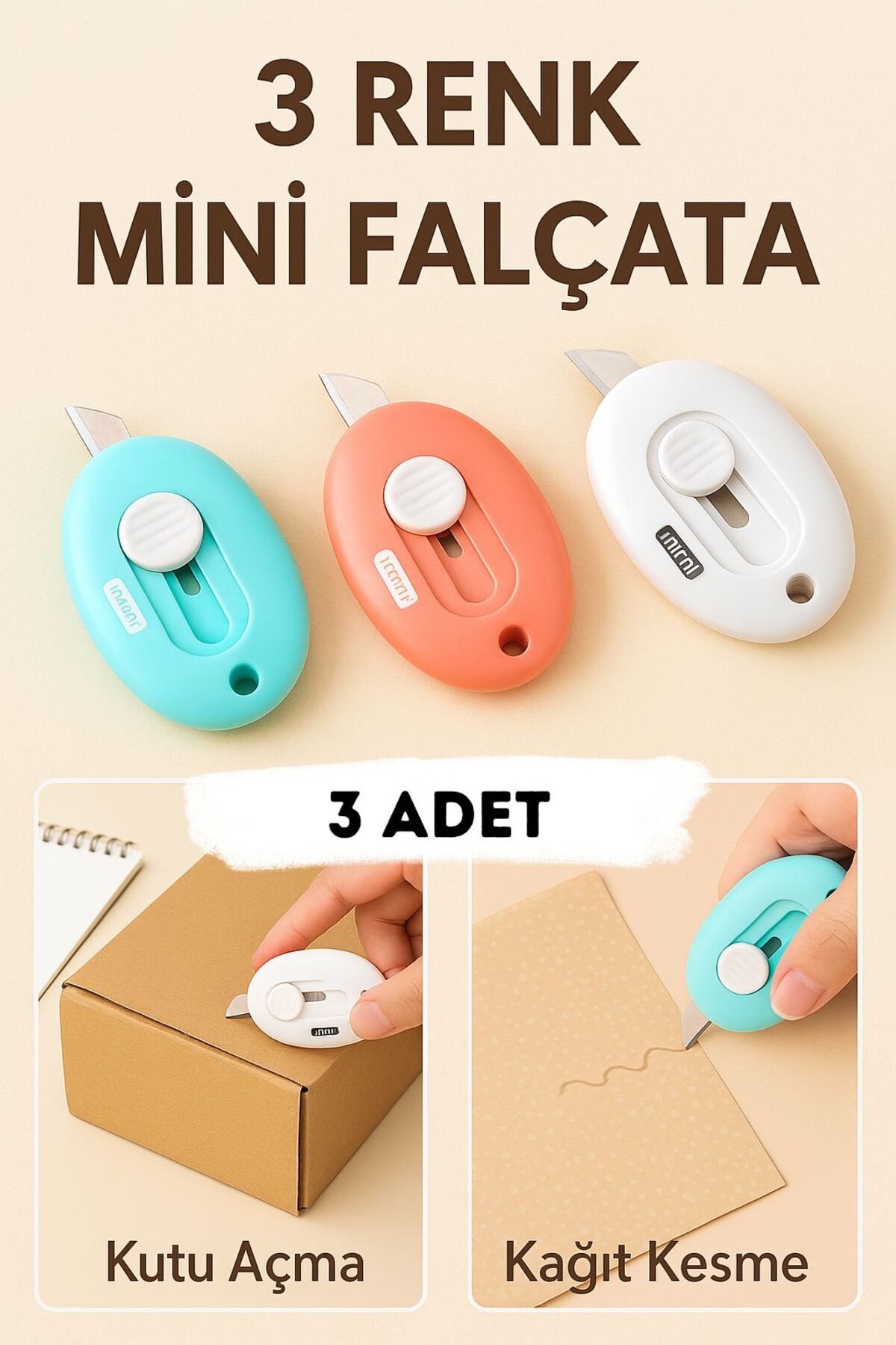 3 Adet Pratik Cep Tipi Mini Maket Bıçak Seti Kutu Ve Kağıt Kesici 3'lü Set Minik Renkli Falçata