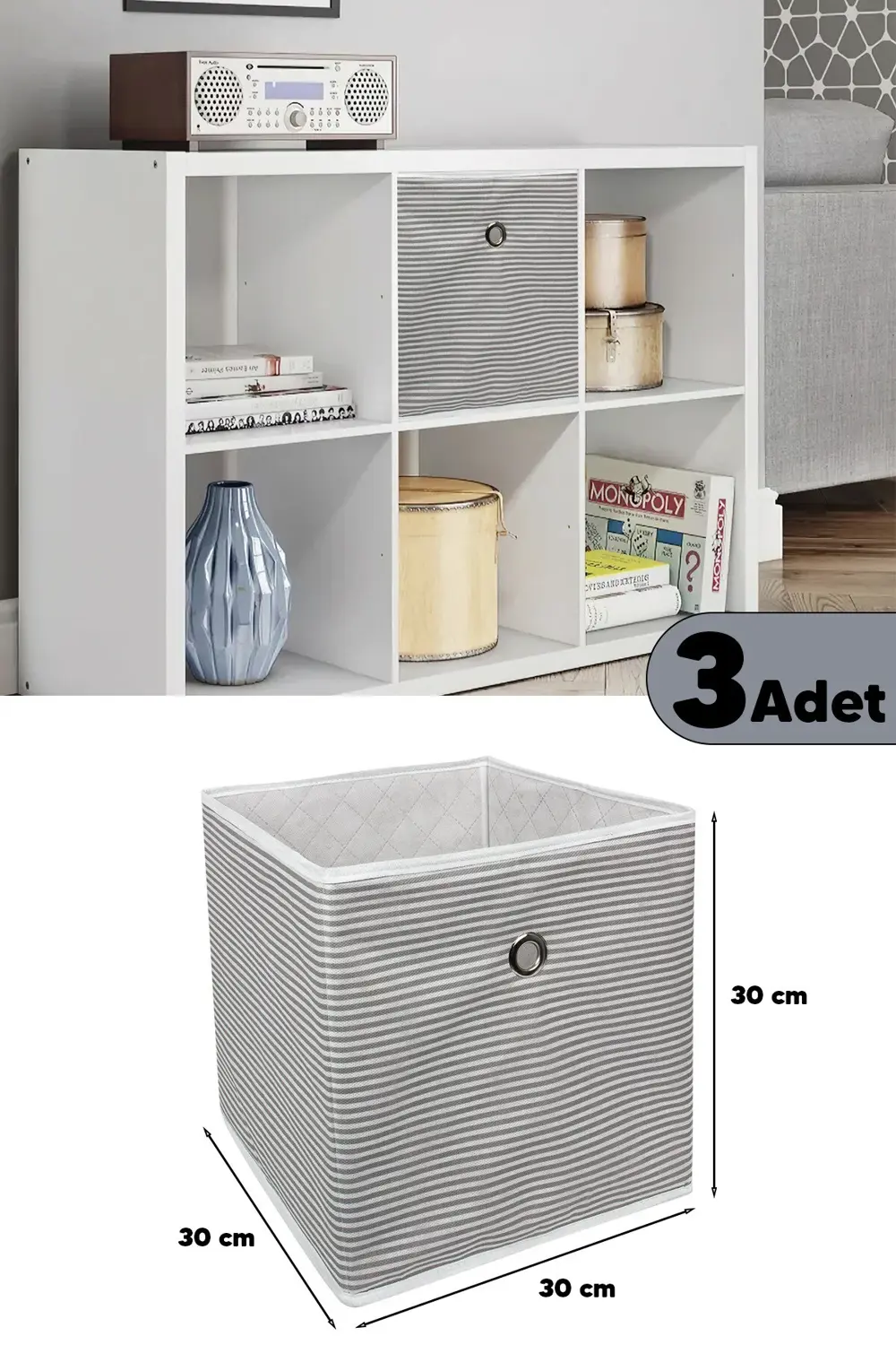 3 Adet Raf Organizer Saklama Kutusu Gri 30 X 30 X 30 cm