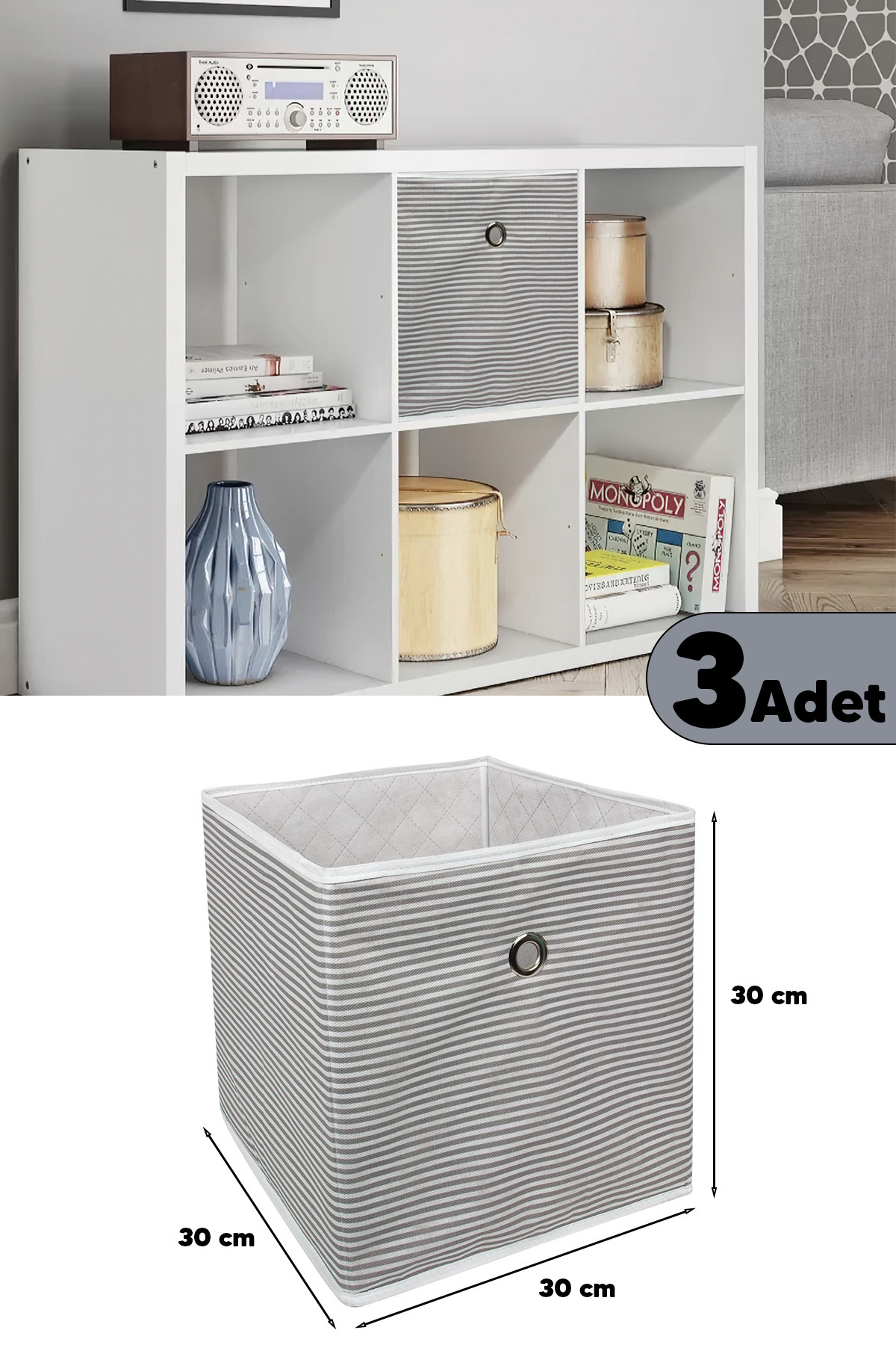 Pazar Kapısı 3 Adet Raf Organizer Saklama Kutusu Gri 30 X 30 X 30 Cm