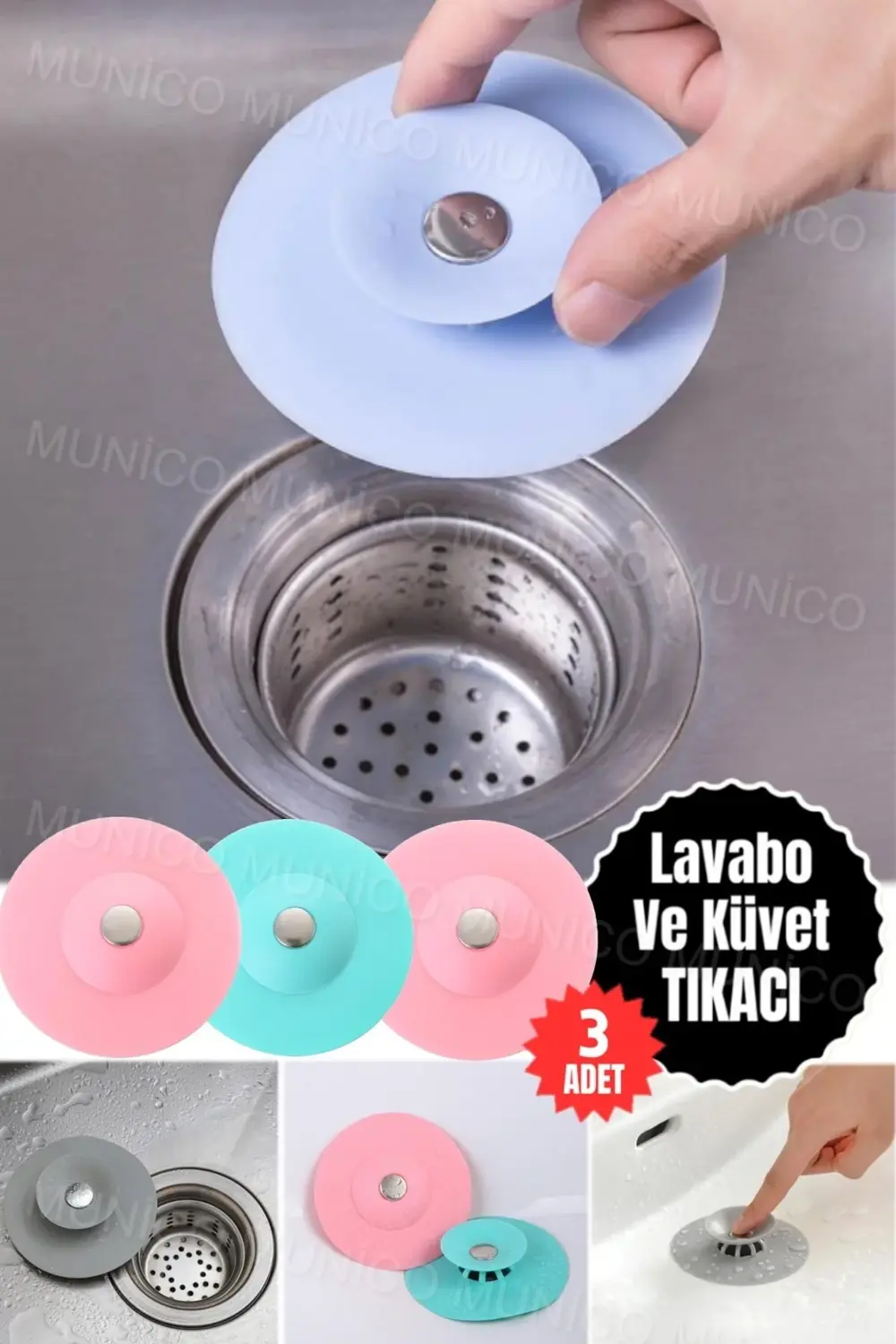 3 Adet Silikon Küvet Lavabo Banyo Tıkacı Süzgeçi Gider Tıkacı Tık