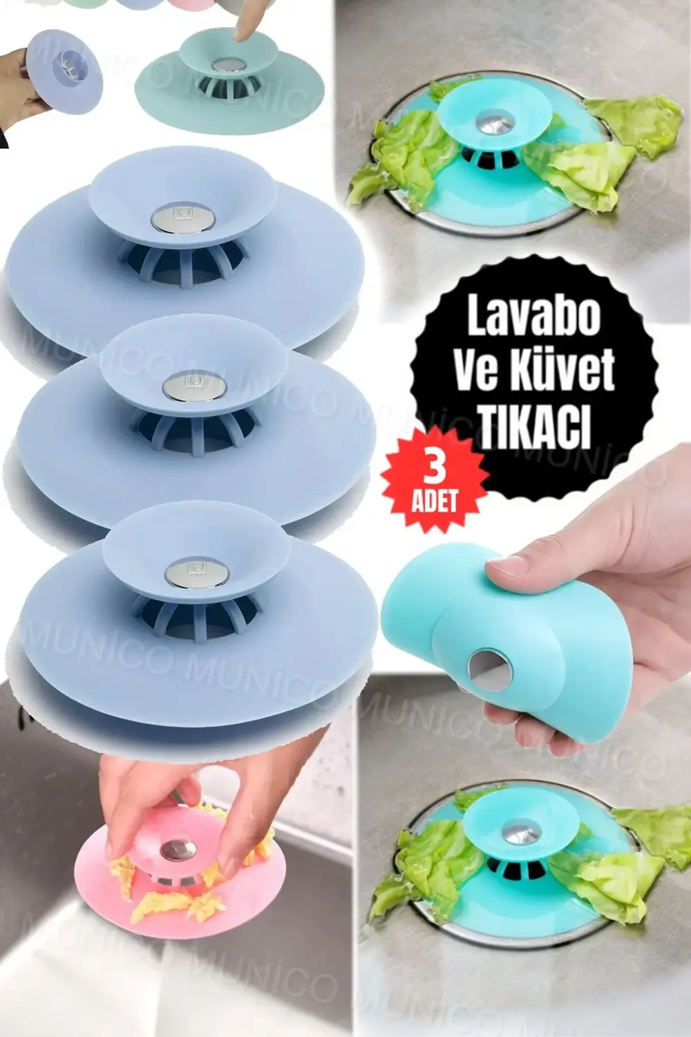 3 Adet Silikon Küvet Lavabo Banyo Tıkacı Süzgeçi Gider Tıkacı Tık