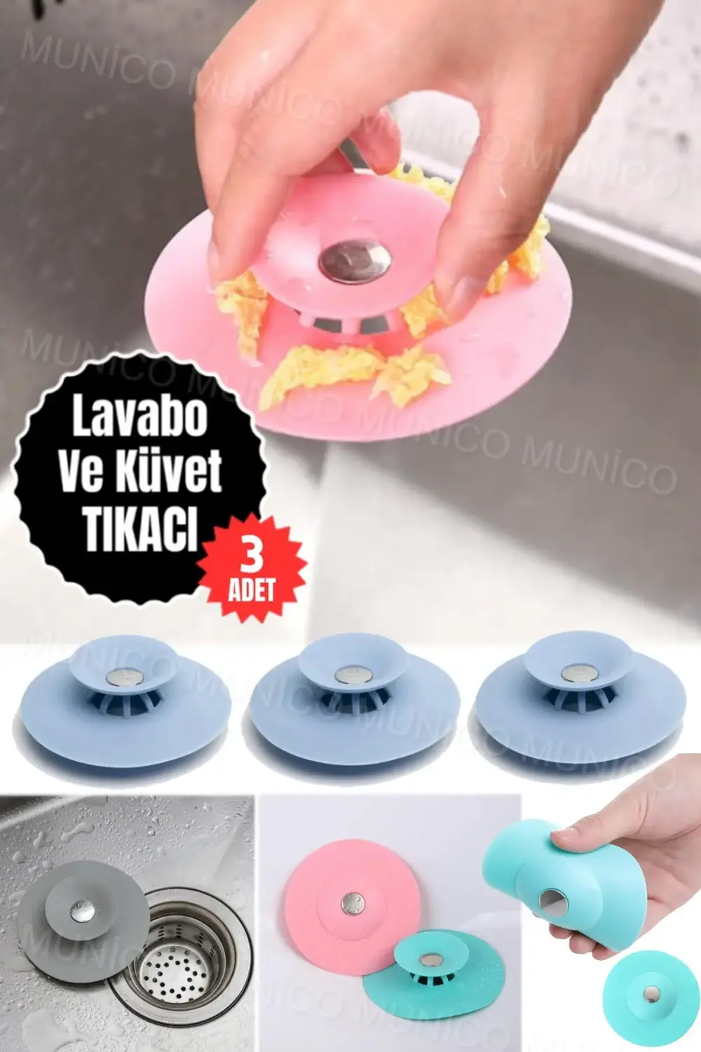 3 Adet Silikon Küvet Lavabo Banyo Tıkacı Süzgeçi Gider Tıkacı Tık