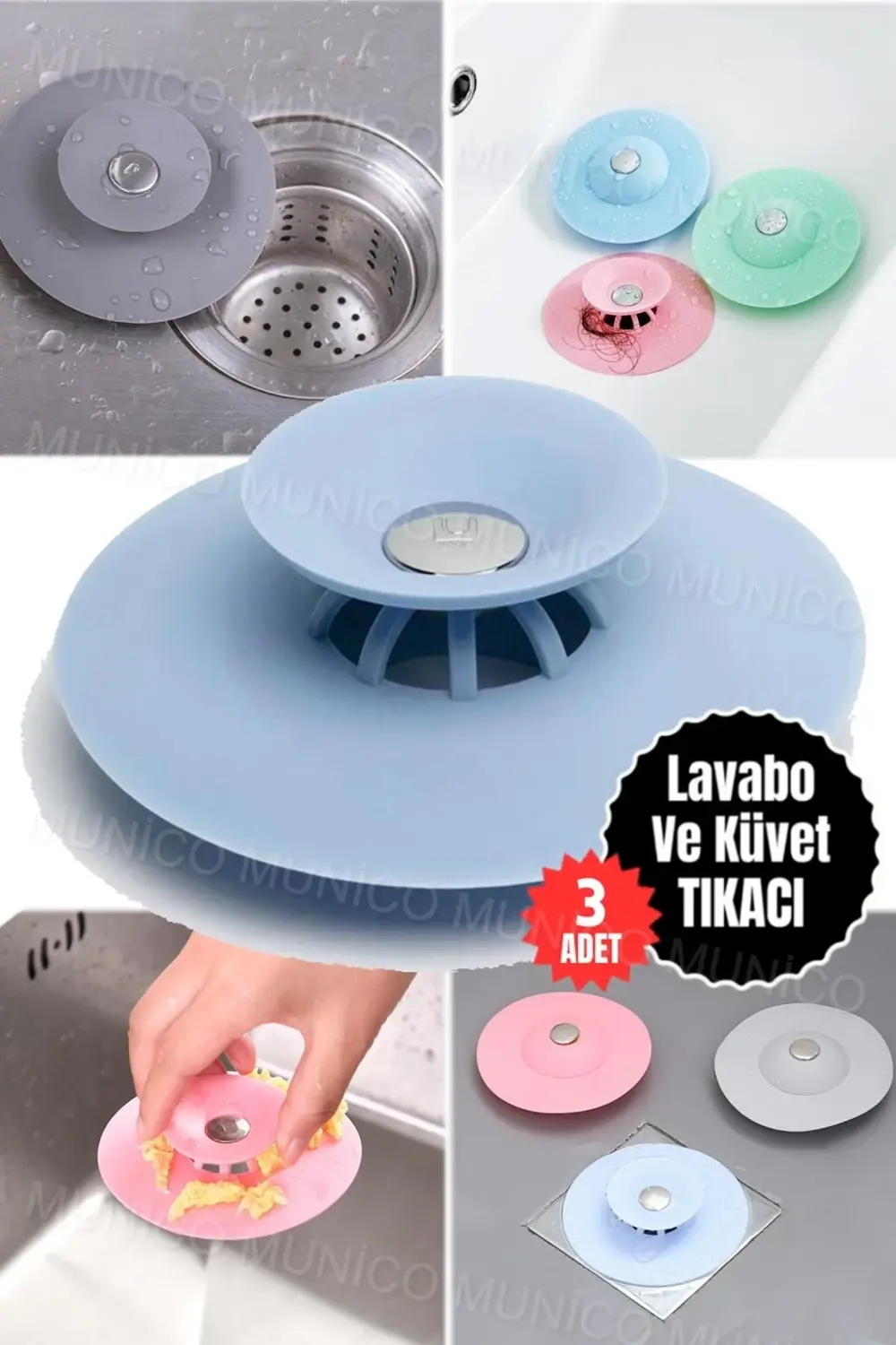 3 Adet Silikon Küvet Lavabo Banyo Tıkacı Süzgeçi Gider Tıkacı Tık