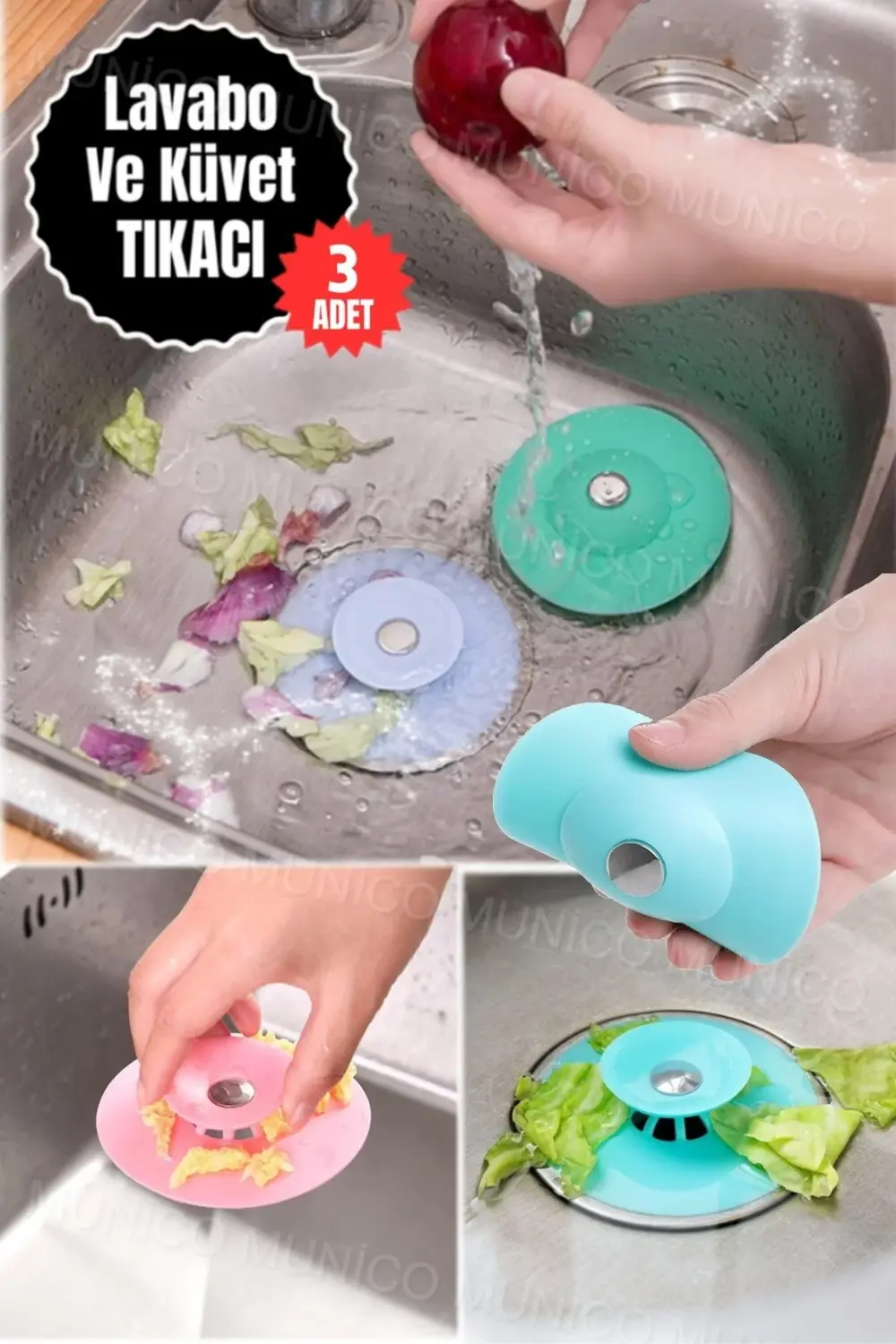 3 Adet Silikon Küvet Lavabo Banyo Tıkacı Süzgeçi Gider Tıkacı Tık