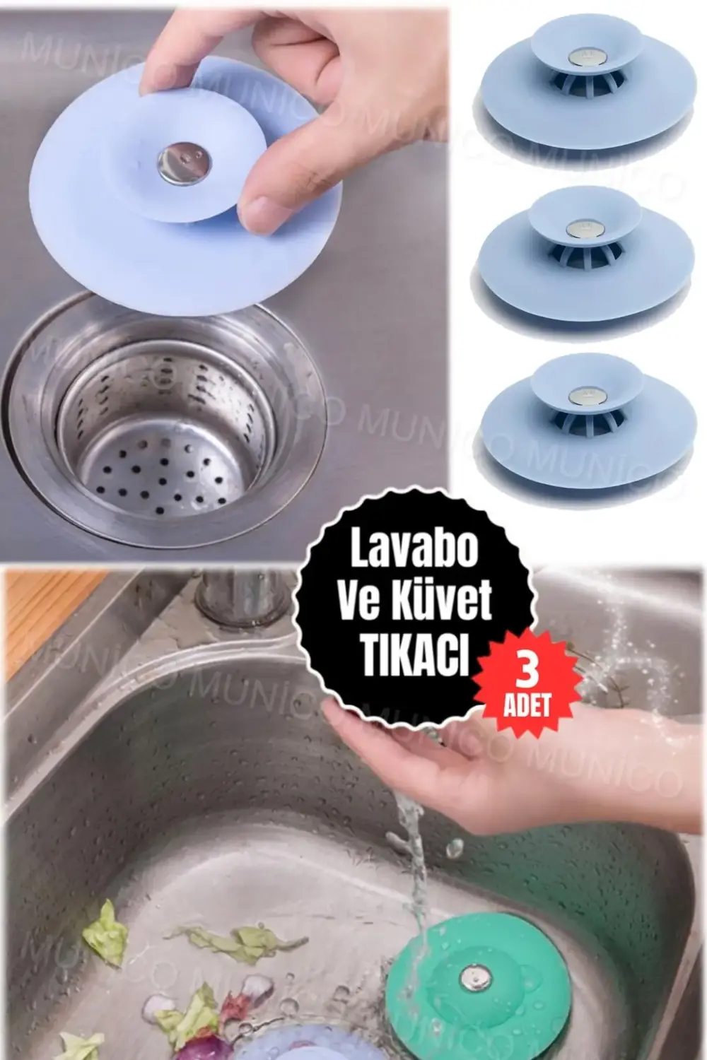 3 Adet Silikon Küvet Lavabo Banyo Tıkacı Süzgeçi Gider Tıkacı Tık
